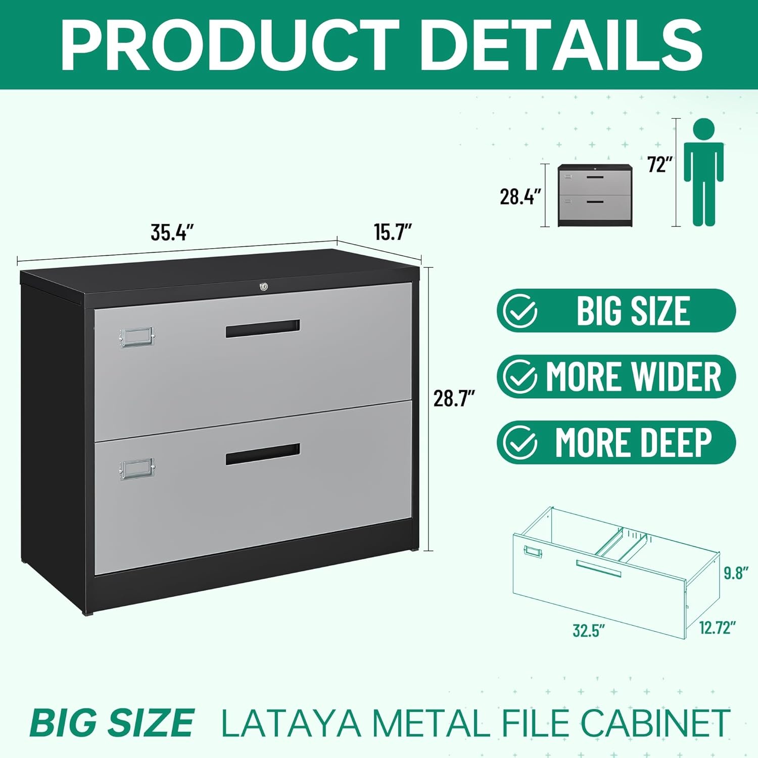 image:imageLetaya Metal Lateral File Cabinets with Lock2 Drawer Steel Wide Filing Organization Storage CabinetsHome Office Furniture for Hanging Files LetterLegalF4A4 Size Blcak2 DrawerBlack Grey