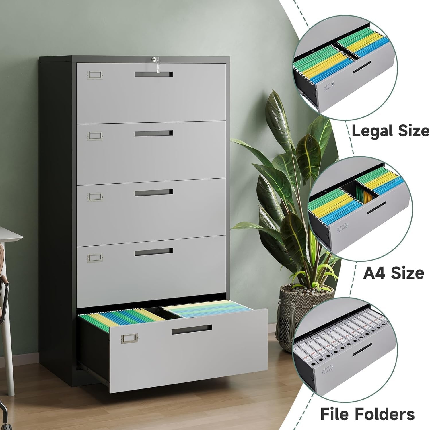 image:imageLetaya Metal Lateral File Cabinets with Lock2 Drawer Steel Wide Filing Organization Storage CabinetsHome Office Furniture for Hanging Files LetterLegalF4A4 Size Blcak2 DrawerBlack Grey