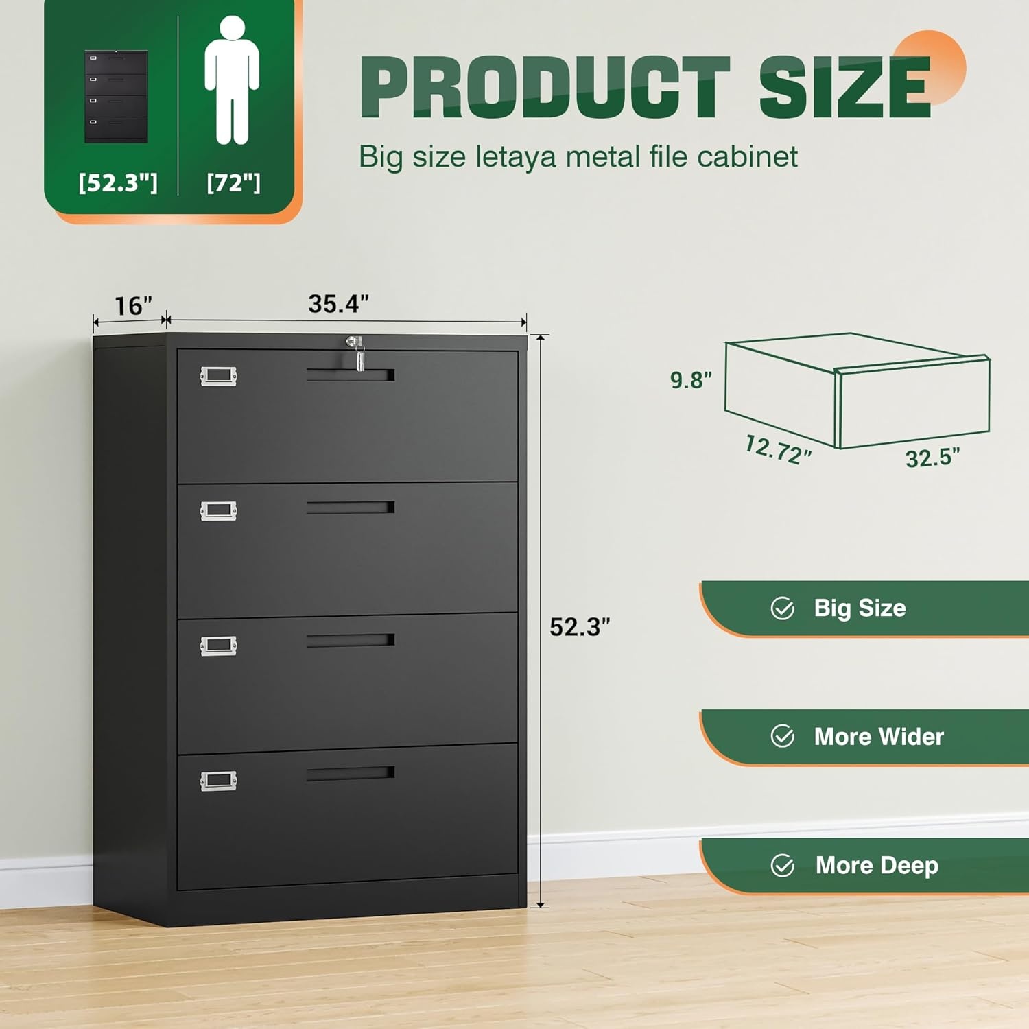 image:imageLetaya Metal Lateral File Cabinets with Lock2 Drawer Steel Wide Filing Organization Storage CabinetsHome Office Furniture for Hanging Files LetterLegalF4A4 Size Blcak2 DrawerBlack