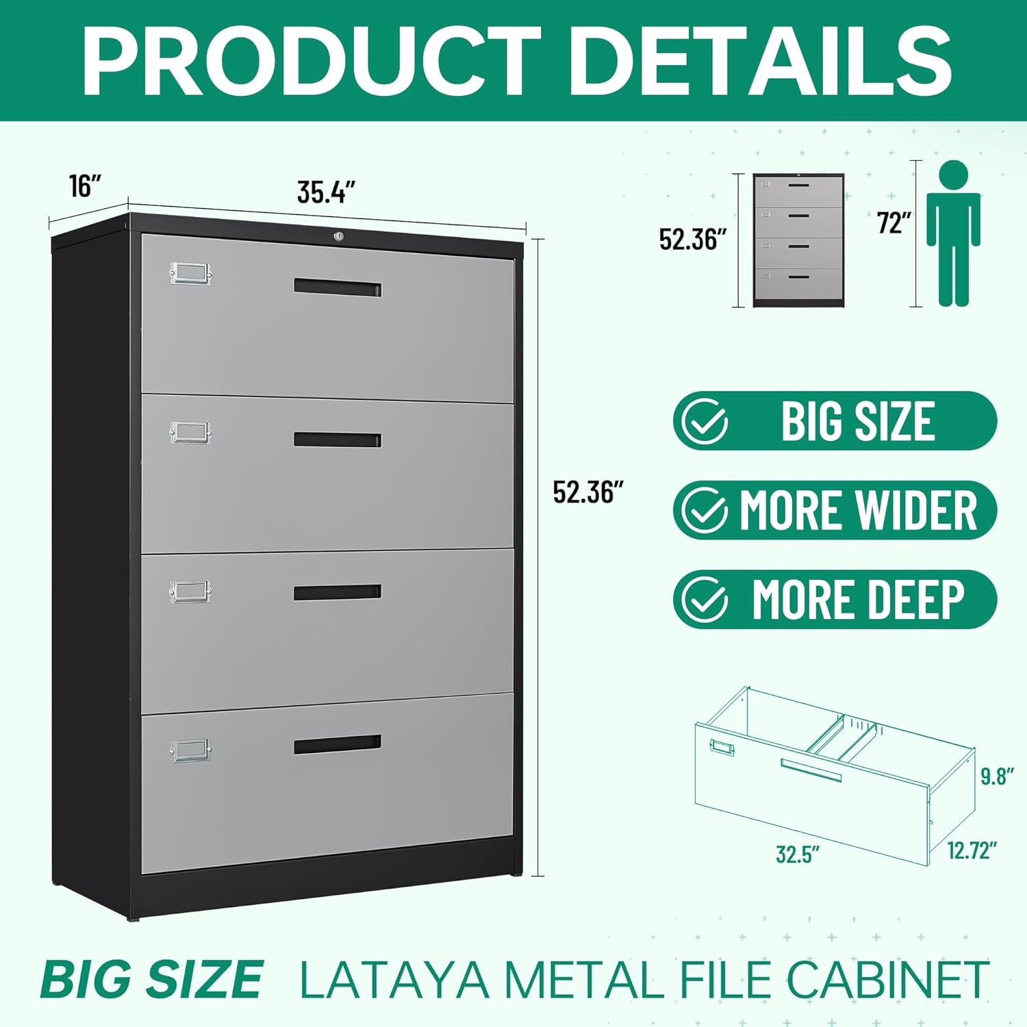 image:imageLetaya Metal Lateral File Cabinets with Lock2 Drawer Steel Wide Filing Organization Storage CabinetsHome Office Furniture for Hanging Files LetterLegalF4A4 Size Blcak2 DrawerBlack Grey