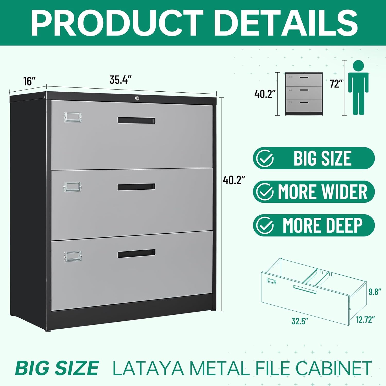 image:imageLetaya Metal Lateral File Cabinets with Lock2 Drawer Steel Wide Filing Organization Storage CabinetsHome Office Furniture for Hanging Files LetterLegalF4A4 Size Blcak2 DrawerBlack Grey