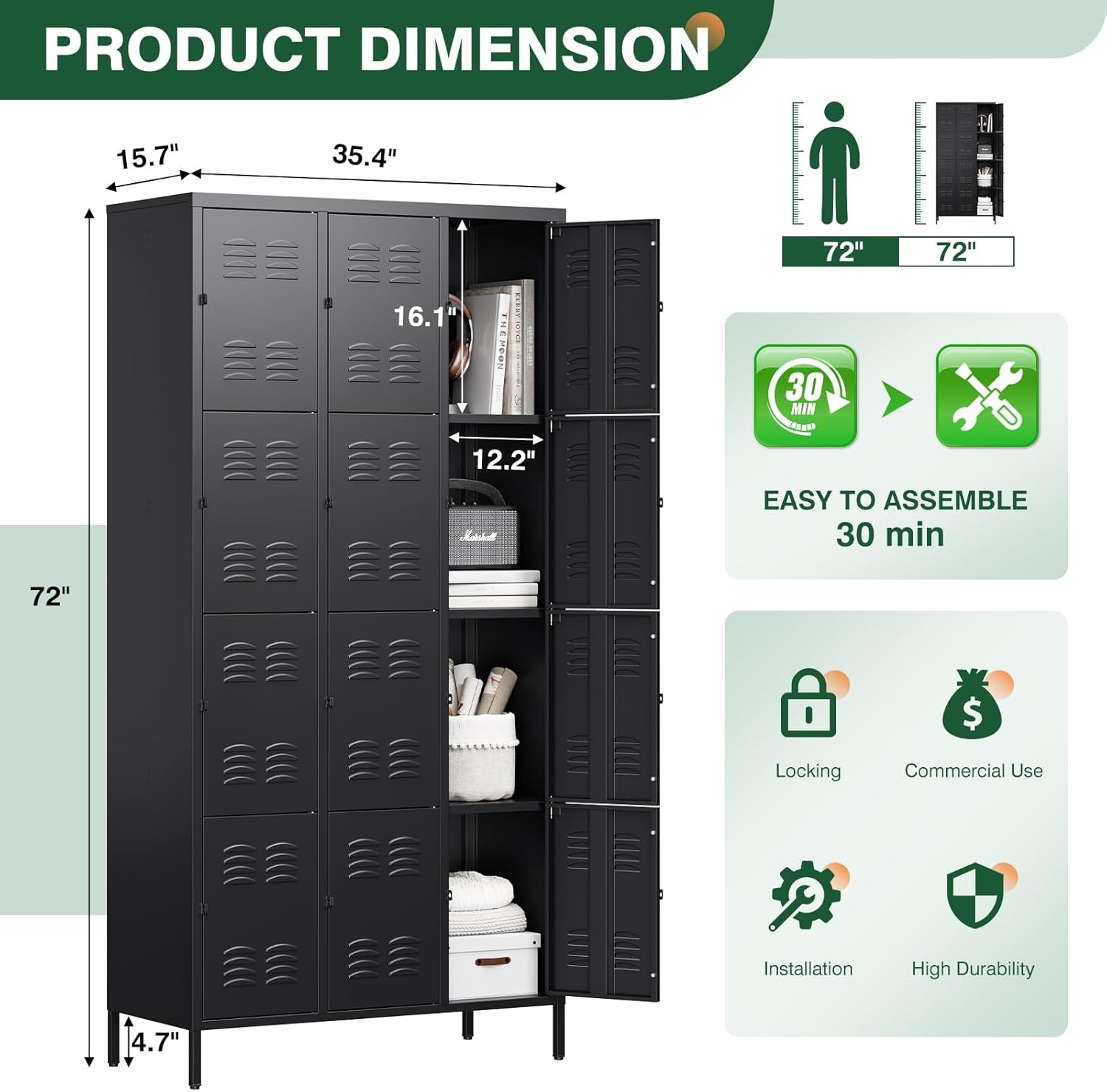 image:imageLetaya Metal Lockers for Employees15 Door Storage Locker with Shelves and Lockable Steel Cabinet for SchoolGymOfficeStaffBlack 15 DoorBlack