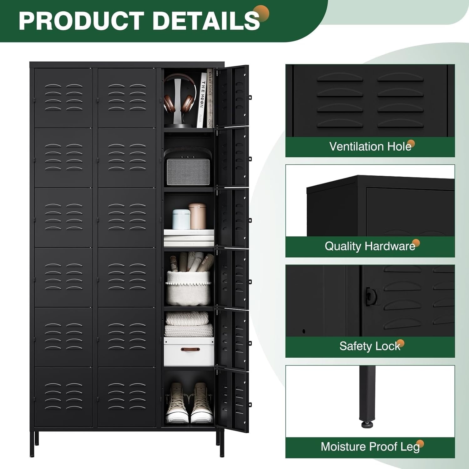image:imageLetaya Metal Lockers for Employees15 Door Storage Locker with Shelves and Lockable Steel Cabinet for SchoolGymOfficeStaffBlack 15 DoorBlack