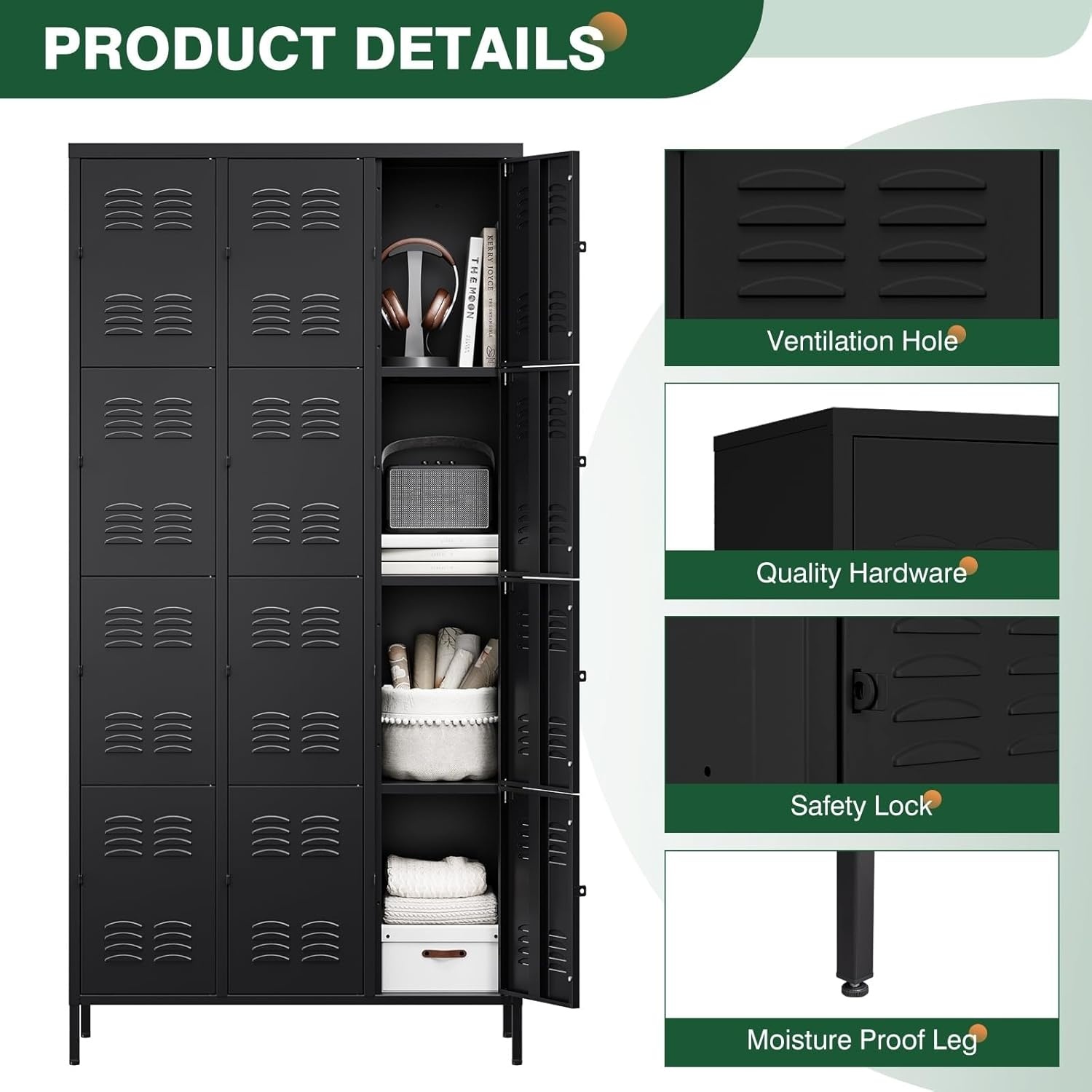 image:imageLetaya Metal Lockers for Employees15 Door Storage Locker with Shelves and Lockable Steel Cabinet for SchoolGymOfficeStaffBlack 15 DoorBlack