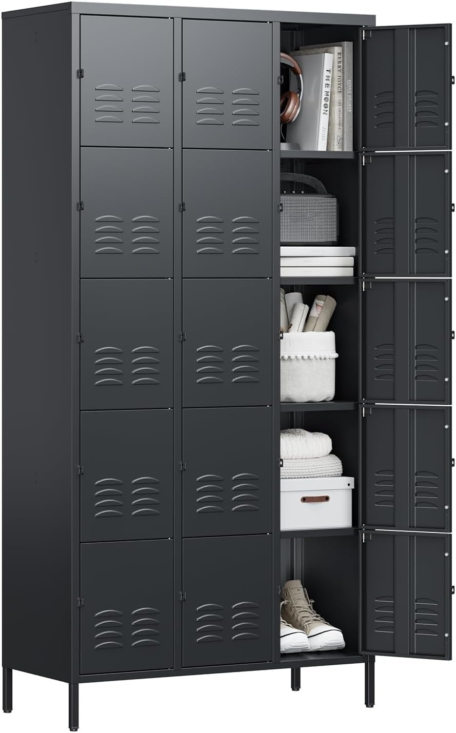 image:imageLetaya Metal Lockers for Employees15 Door Storage Locker with Shelves and Lockable Steel Cabinet for SchoolGymOfficeStaffBlack 15 DoorBlack