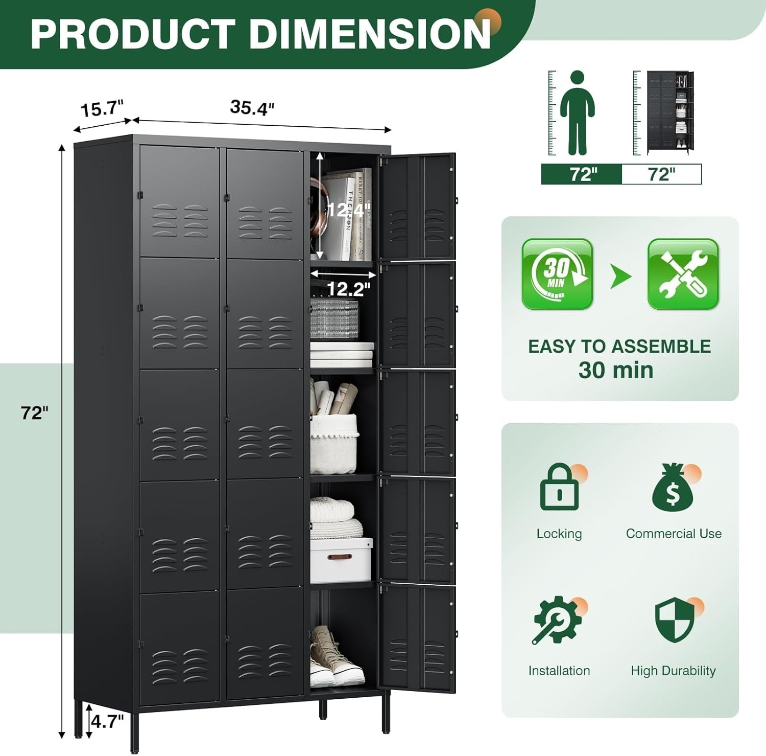 image:imageLetaya Metal Lockers for Employees15 Door Storage Locker with Shelves and Lockable Steel Cabinet for SchoolGymOfficeStaffBlack 15 DoorBlack