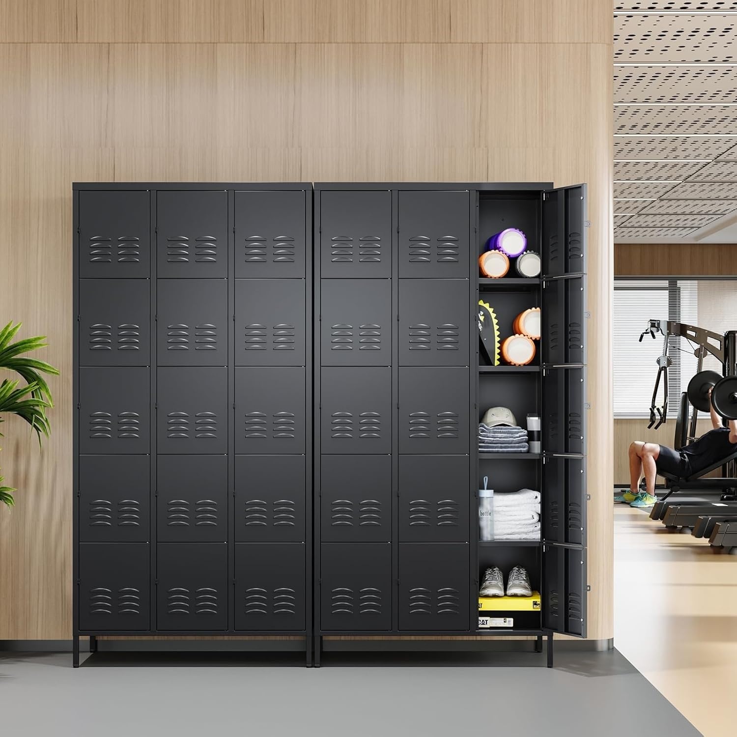 image:imageLetaya Metal Lockers for Employees15 Door Storage Locker with Shelves and Lockable Steel Cabinet for SchoolGymOfficeStaffBlack 15 DoorBlack