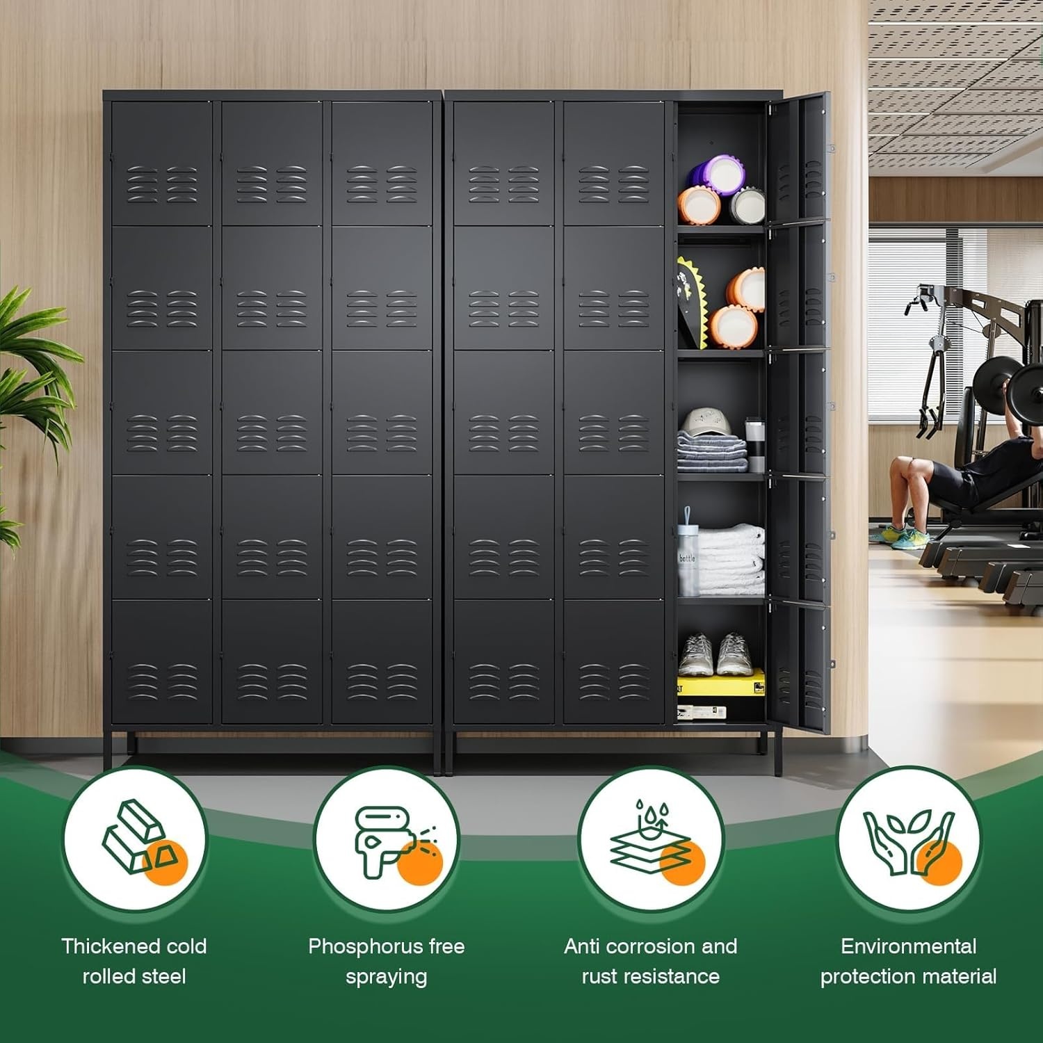image:imageLetaya Metal Lockers for Employees15 Door Storage Locker with Shelves and Lockable Steel Cabinet for SchoolGymOfficeStaffBlack 15 DoorBlack