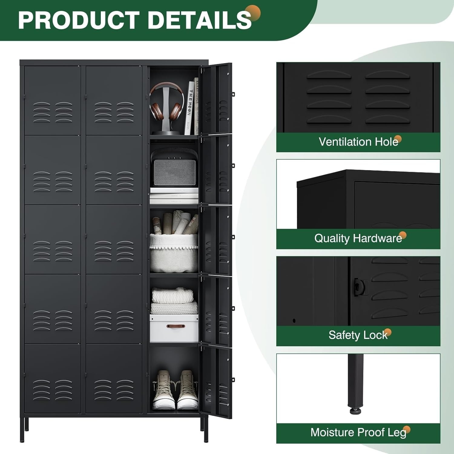 image:imageLetaya Metal Lockers for Employees15 Door Storage Locker with Shelves and Lockable Steel Cabinet for SchoolGymOfficeStaffBlack 15 DoorBlack