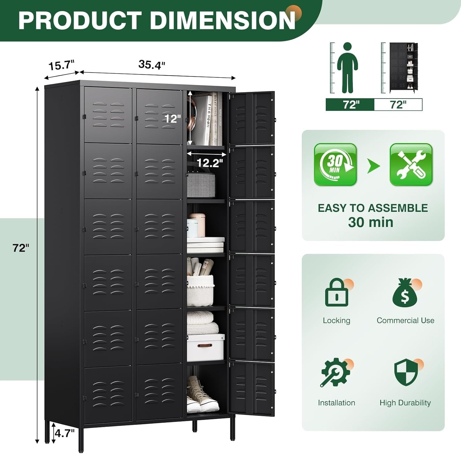 image:imageLetaya Metal Lockers for Employees15 Door Storage Locker with Shelves and Lockable Steel Cabinet for SchoolGymOfficeStaffBlack 15 DoorBlack