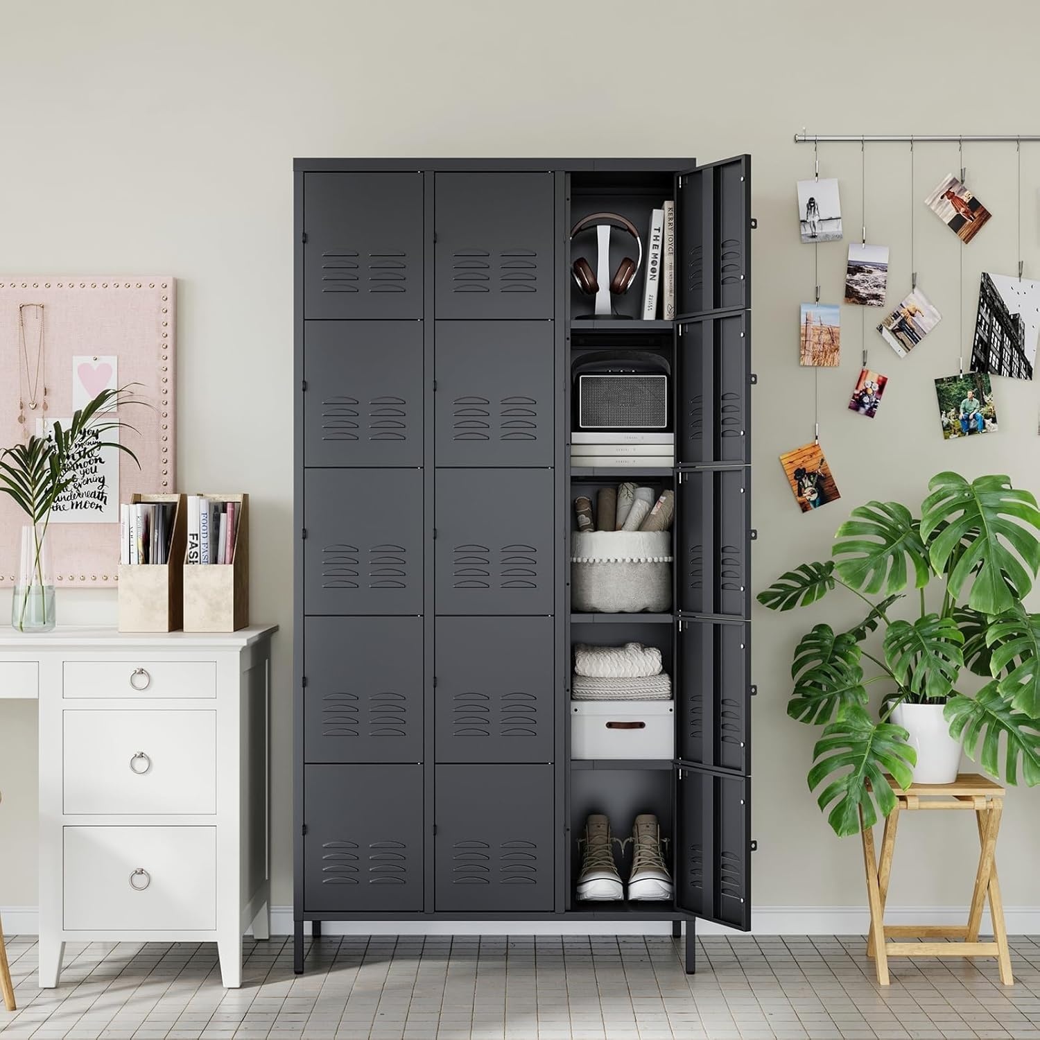 image:imageLetaya Metal Lockers for Employees15 Door Storage Locker with Shelves and Lockable Steel Cabinet for SchoolGymOfficeStaffBlack 15 DoorBlack