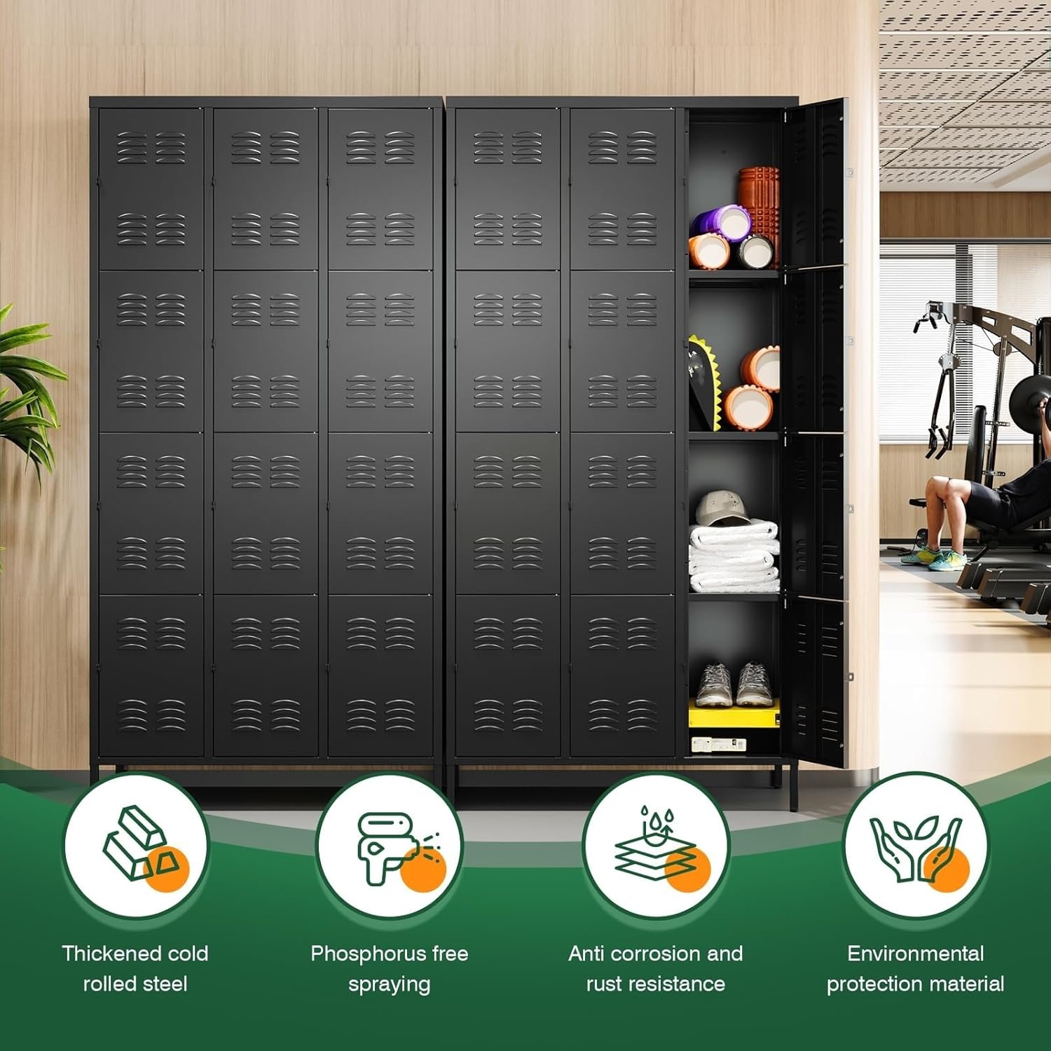 image:imageLetaya Metal Lockers for Employees15 Door Storage Locker with Shelves and Lockable Steel Cabinet for SchoolGymOfficeStaffBlack 15 DoorBlack