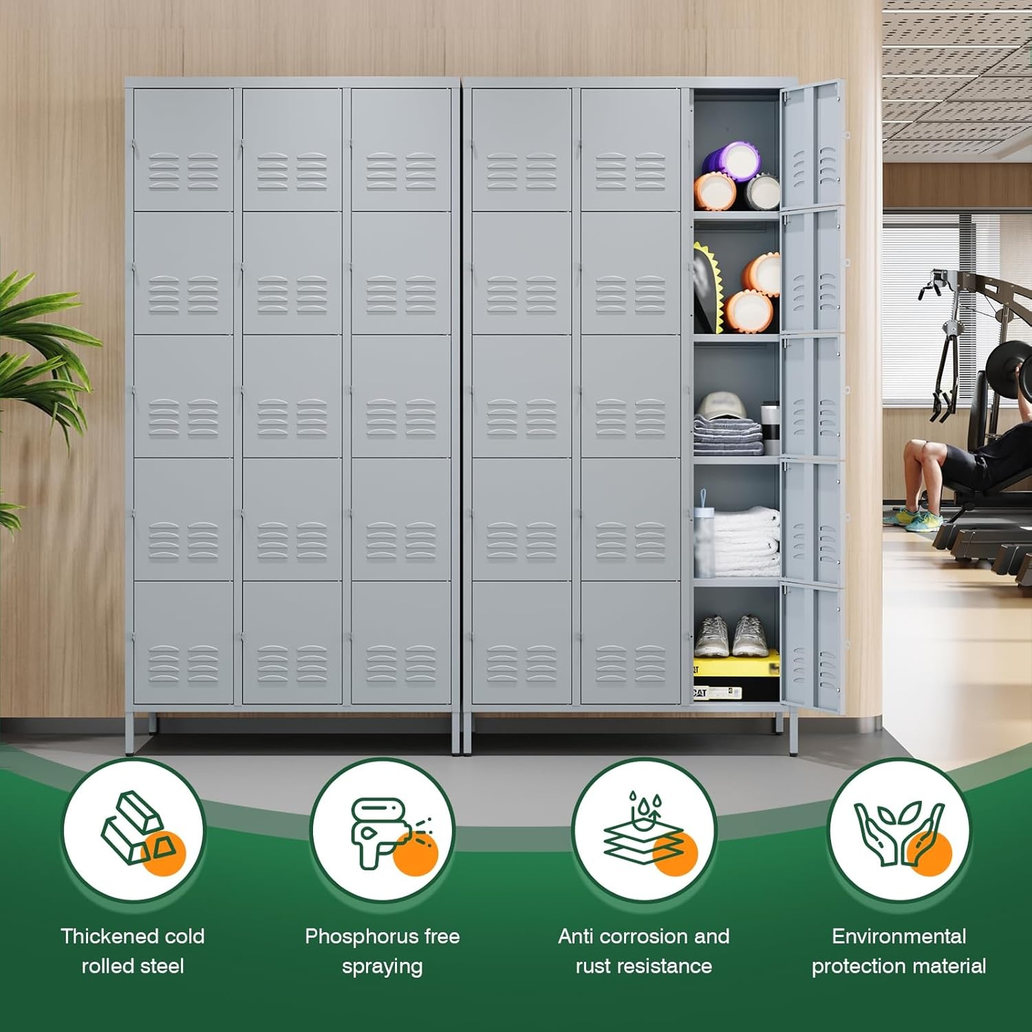 image:imageLetaya Metal Lockers for Employees15 Door Storage Locker with Shelves and Lockable Steel Cabinet for SchoolGymOfficeStaffBlack 15 DoorGrey