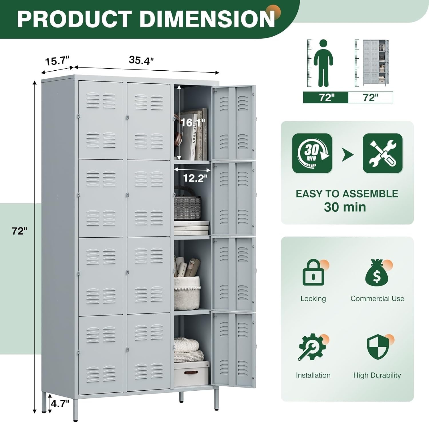image:imageLetaya Metal Lockers for Employees15 Door Storage Locker with Shelves and Lockable Steel Cabinet for SchoolGymOfficeStaffBlack 15 DoorGrey