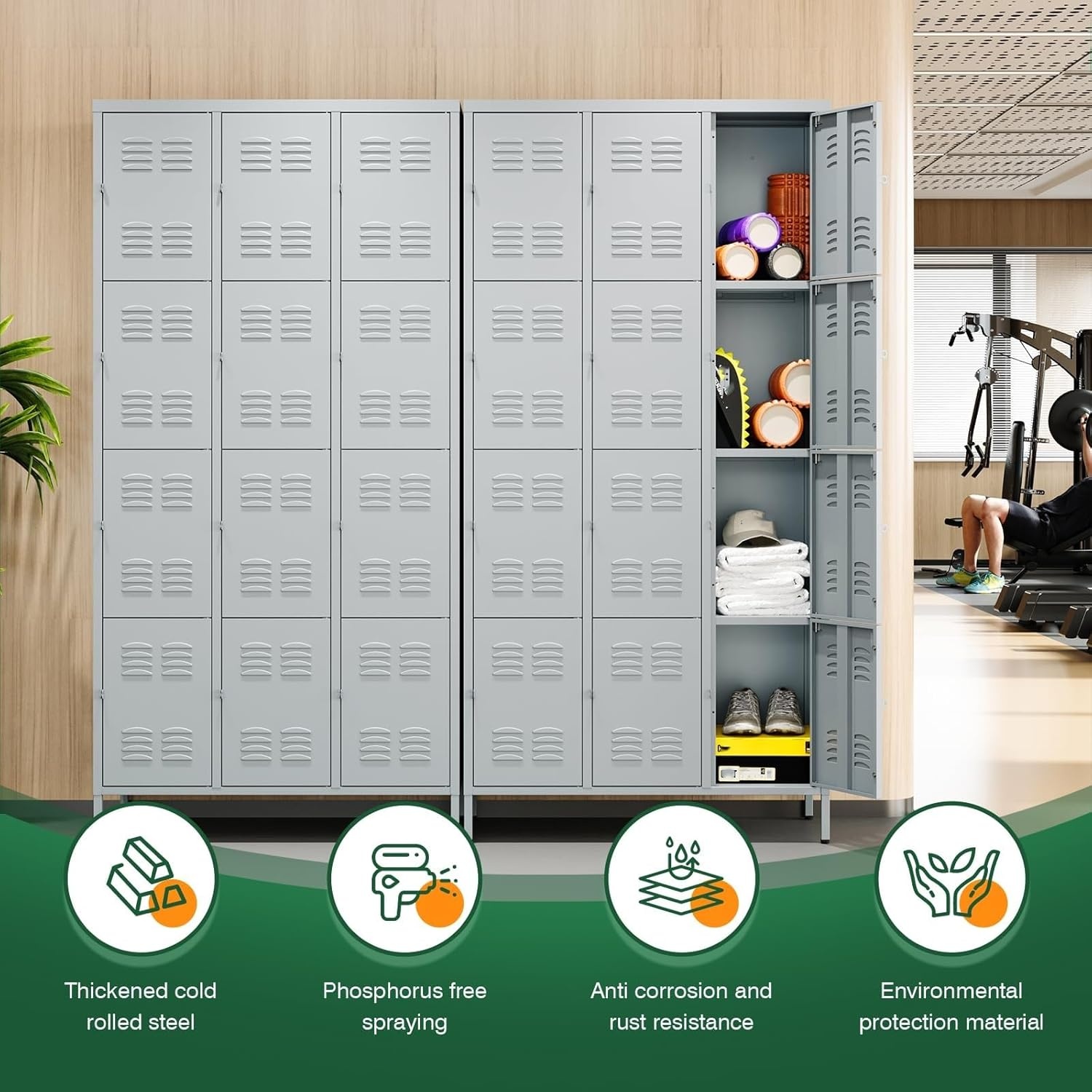 image:imageLetaya Metal Lockers for Employees15 Door Storage Locker with Shelves and Lockable Steel Cabinet for SchoolGymOfficeStaffBlack 15 DoorGrey