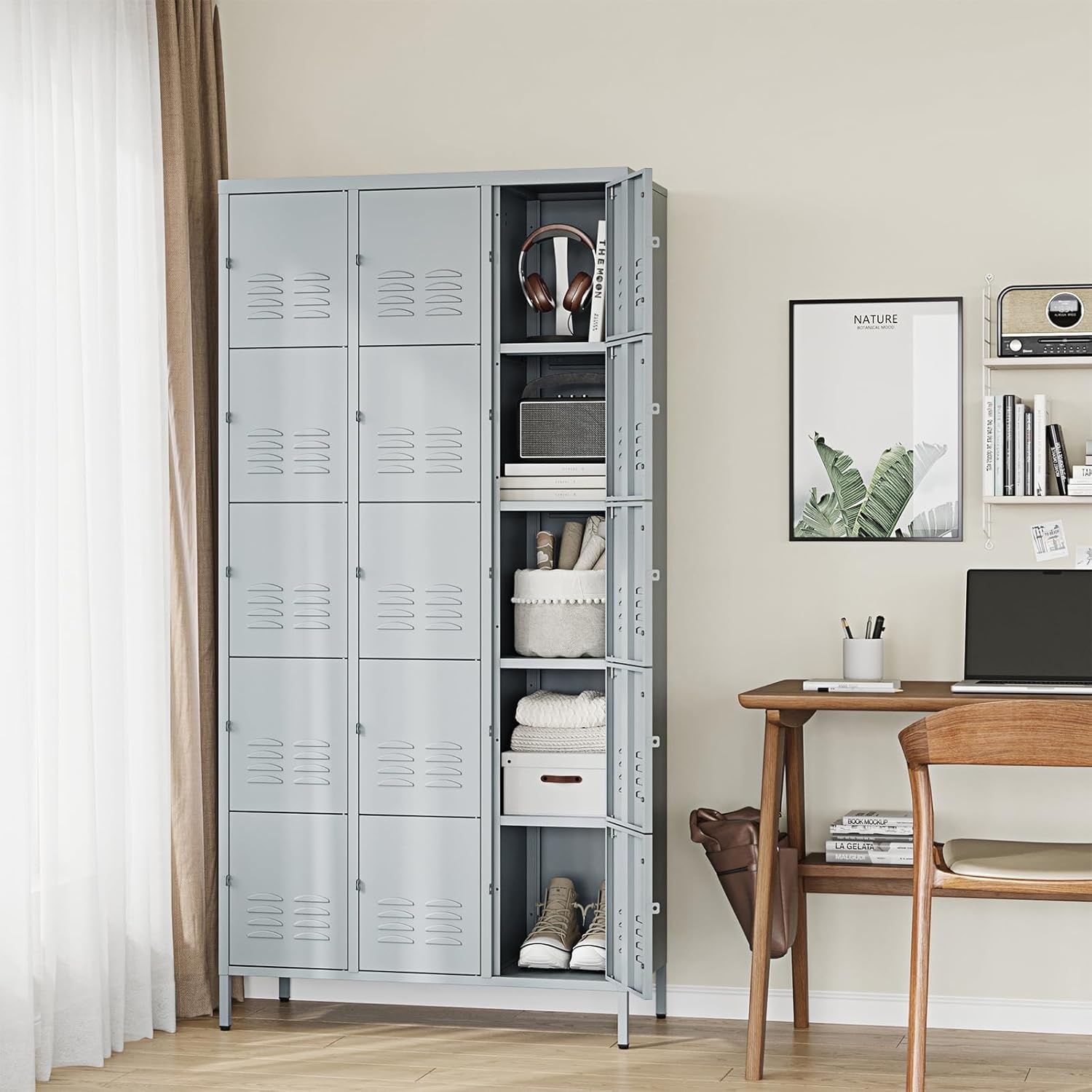 image:imageLetaya Metal Lockers for Employees15 Door Storage Locker with Shelves and Lockable Steel Cabinet for SchoolGymOfficeStaffBlack 15 DoorGrey