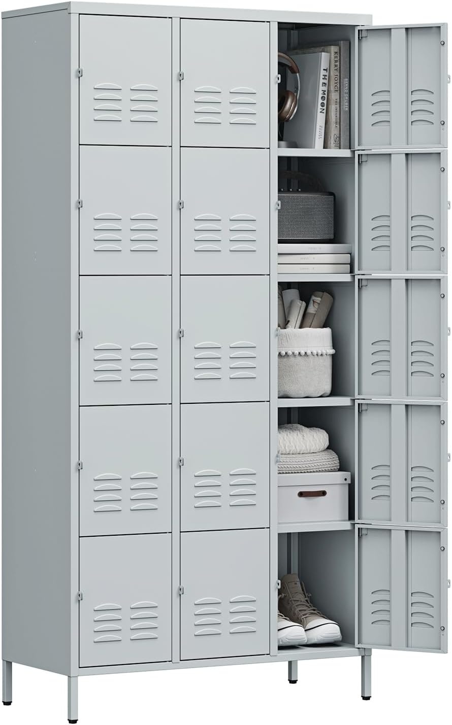 image:imageLetaya Metal Lockers for Employees15 Door Storage Locker with Shelves and Lockable Steel Cabinet for SchoolGymOfficeStaffBlack 15 DoorGrey