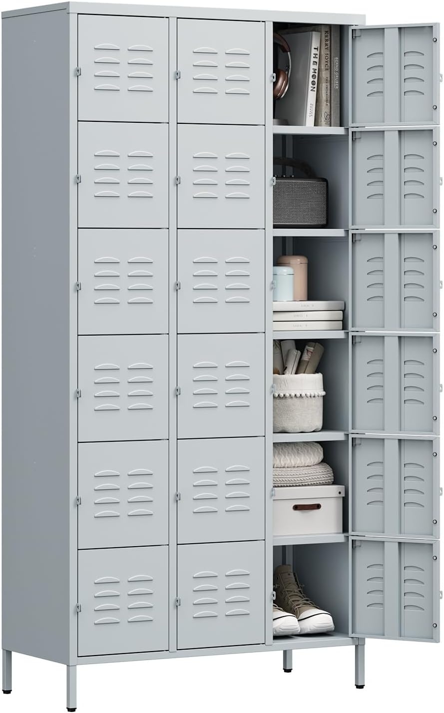 image:imageLetaya Metal Lockers for Employees15 Door Storage Locker with Shelves and Lockable Steel Cabinet for SchoolGymOfficeStaffBlack 15 DoorGrey