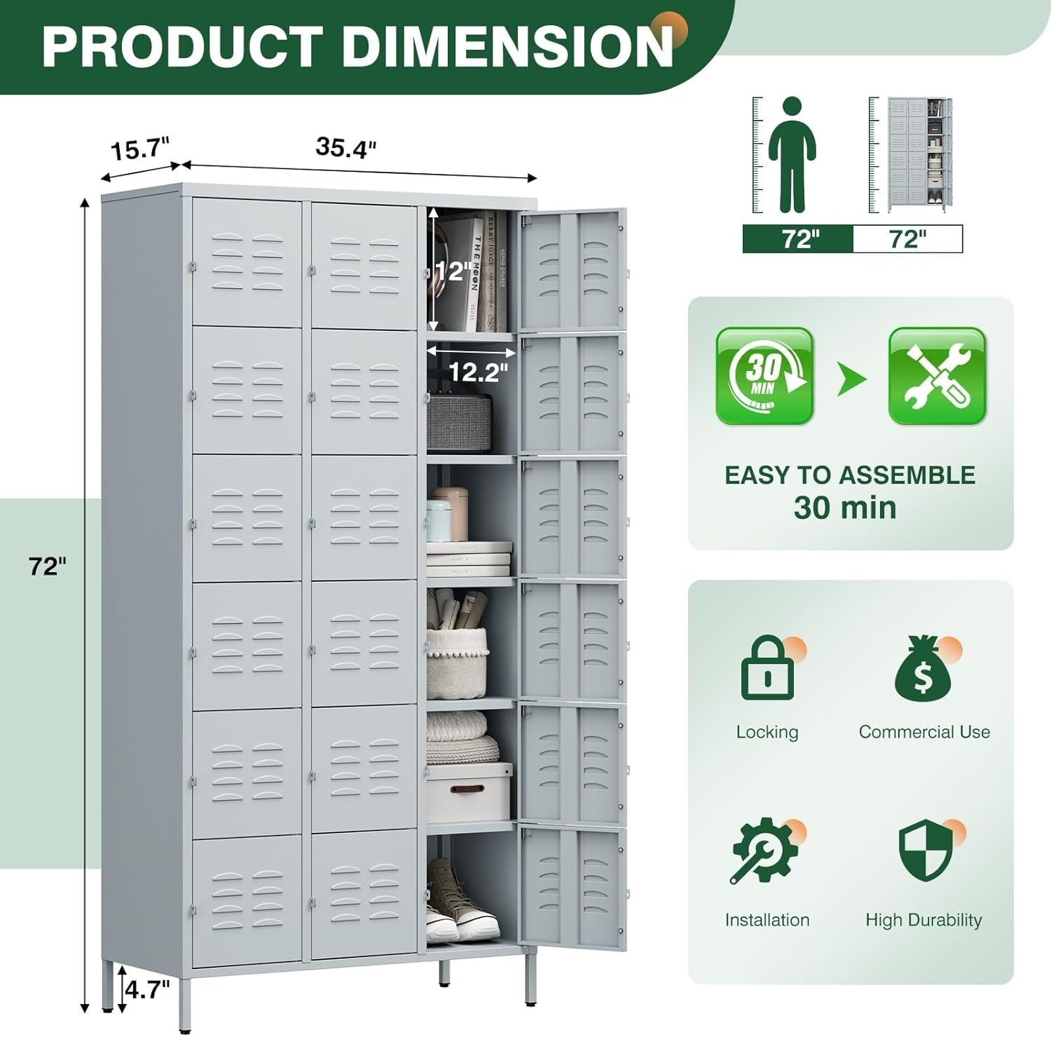 image:imageLetaya Metal Lockers for Employees15 Door Storage Locker with Shelves and Lockable Steel Cabinet for SchoolGymOfficeStaffBlack 15 DoorGrey
