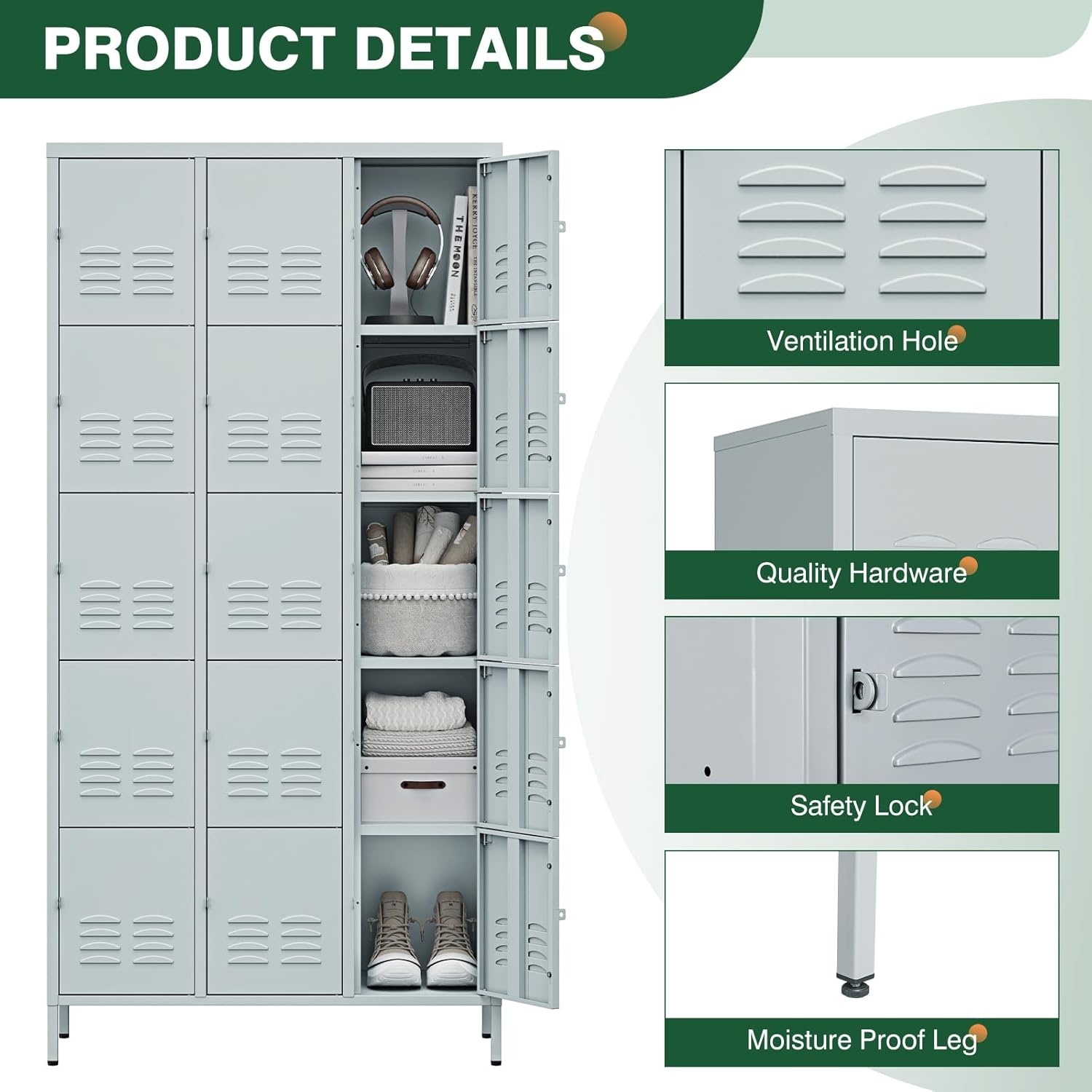 image:imageLetaya Metal Lockers for Employees15 Door Storage Locker with Shelves and Lockable Steel Cabinet for SchoolGymOfficeStaffBlack 15 DoorGrey
