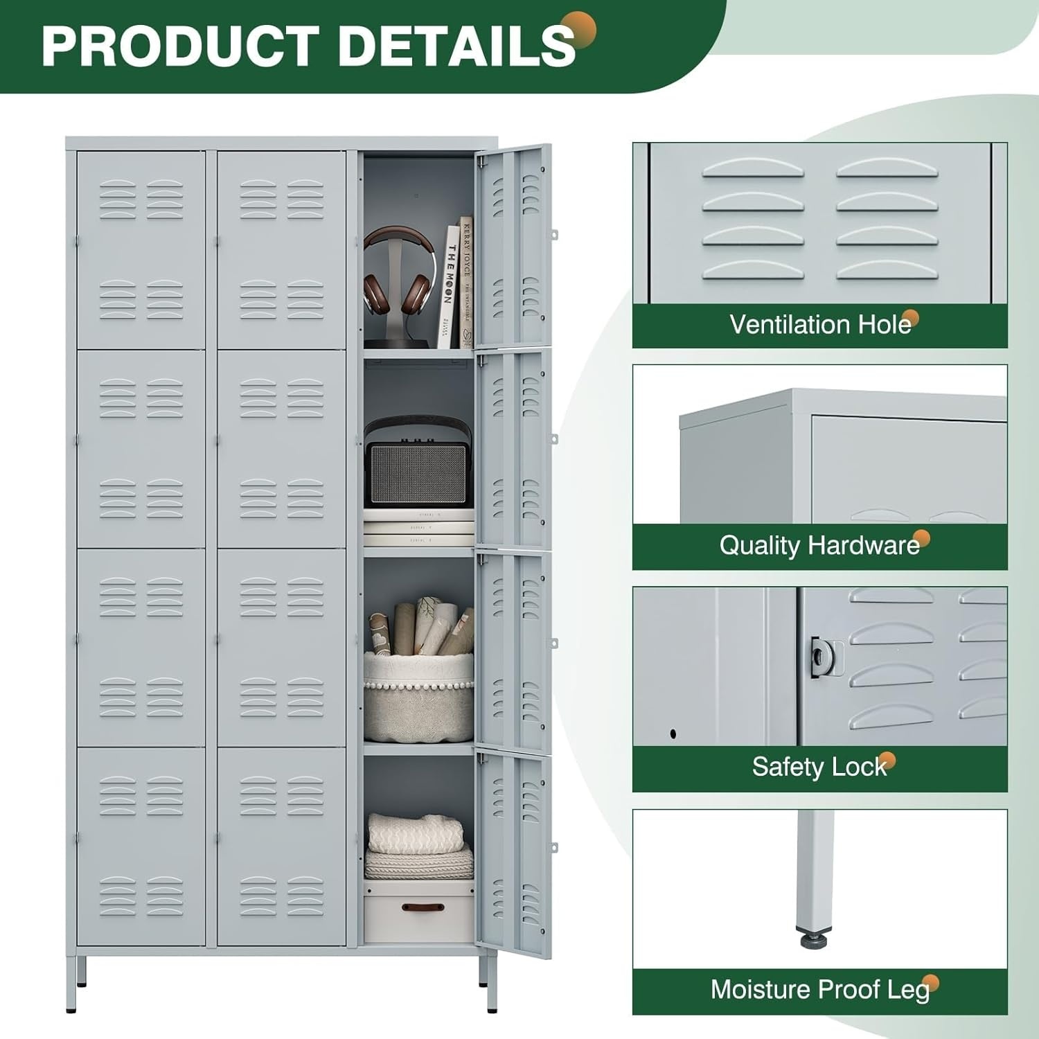image:imageLetaya Metal Lockers for Employees15 Door Storage Locker with Shelves and Lockable Steel Cabinet for SchoolGymOfficeStaffBlack 15 DoorGrey