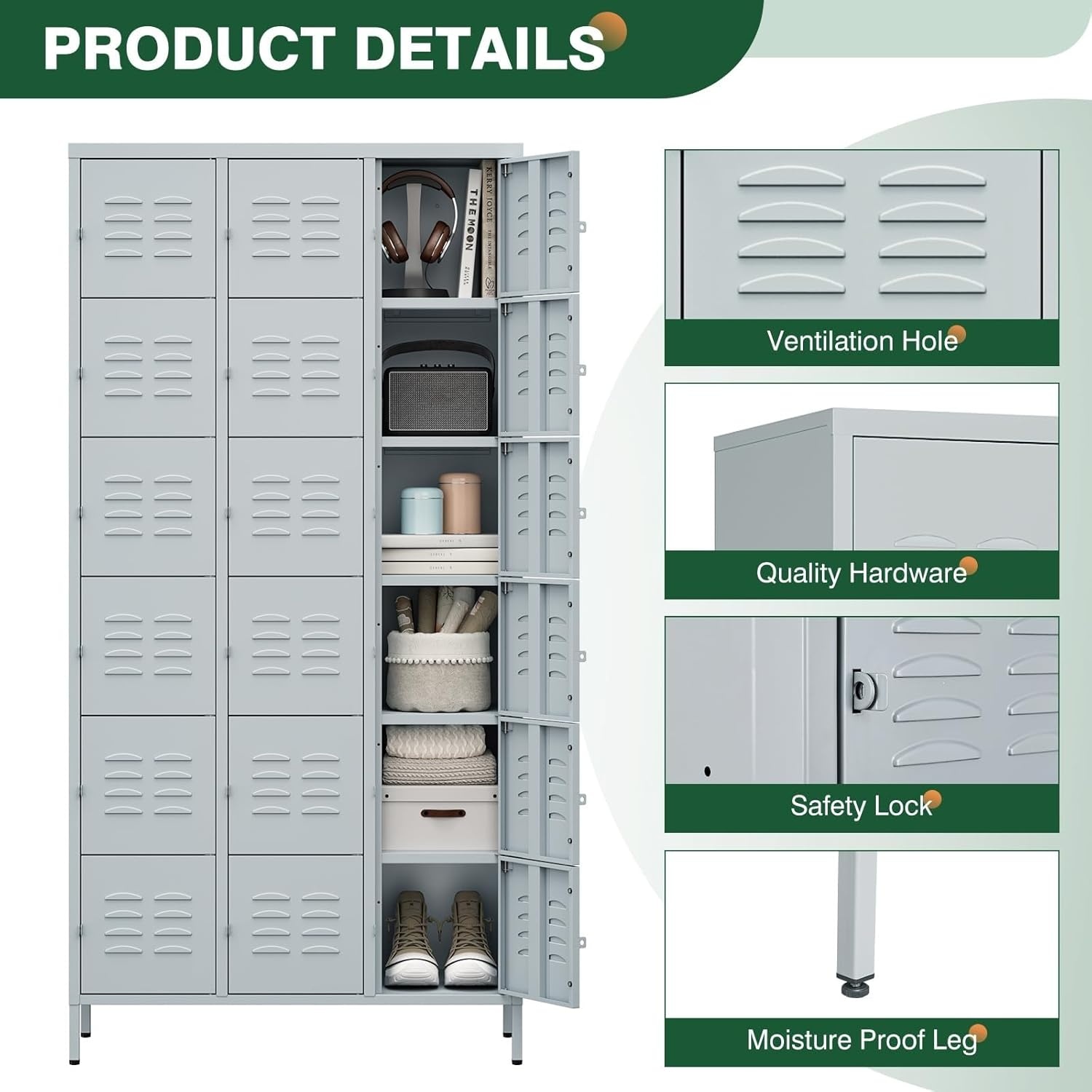 image:imageLetaya Metal Lockers for Employees15 Door Storage Locker with Shelves and Lockable Steel Cabinet for SchoolGymOfficeStaffBlack 15 DoorGrey