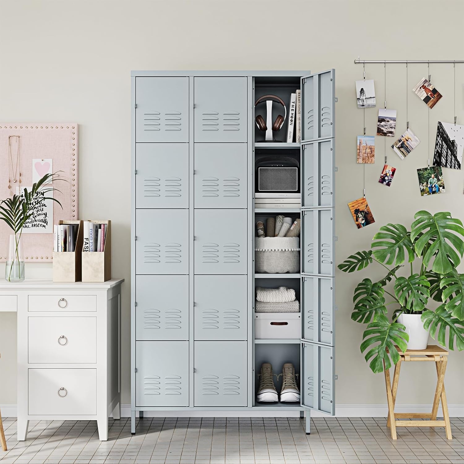 image:imageLetaya Metal Lockers for Employees15 Door Storage Locker with Shelves and Lockable Steel Cabinet for SchoolGymOfficeStaffBlack 15 DoorGrey