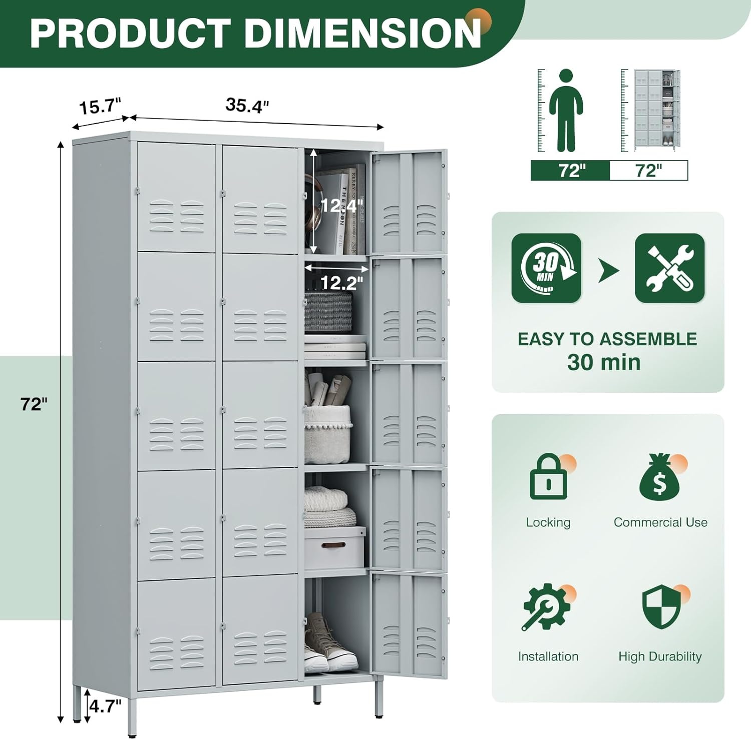 image:imageLetaya Metal Lockers for Employees15 Door Storage Locker with Shelves and Lockable Steel Cabinet for SchoolGymOfficeStaffBlack 15 DoorGrey