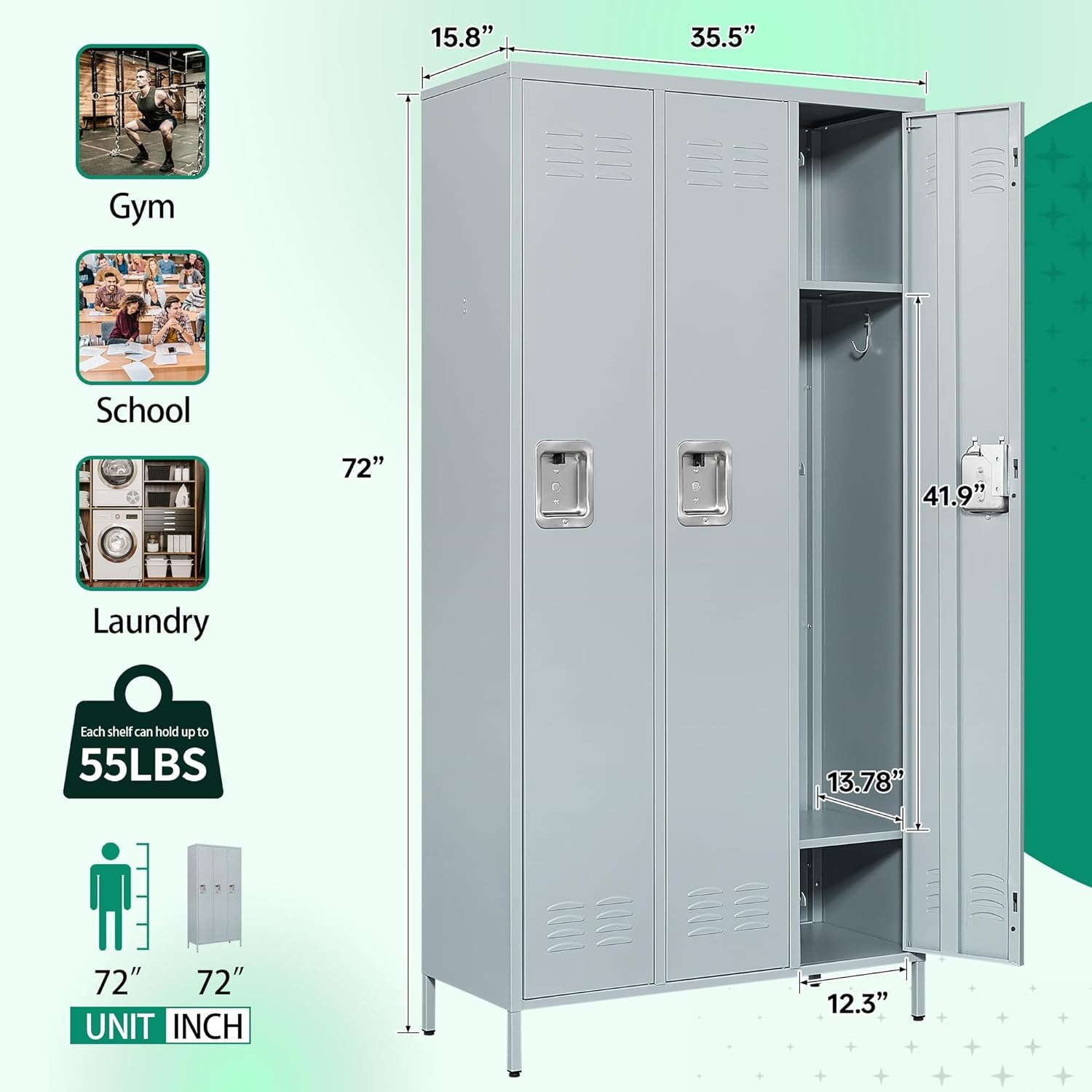 image:imageLetaya Metal Lockers for Employees15 Door Storage Locker with Shelves and Lockable Steel Cabinet for SchoolGymOfficeStaffBlack 15 DoorGrey