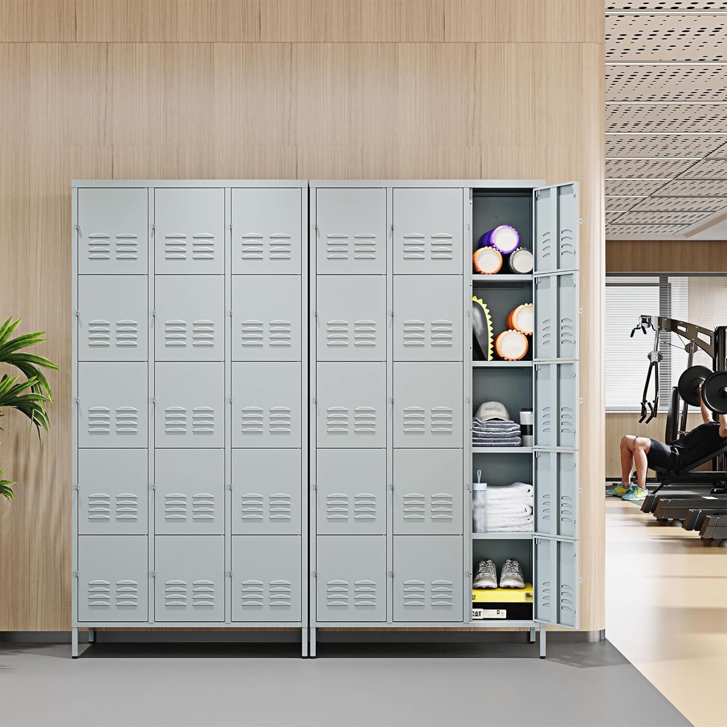 image:imageLetaya Metal Lockers for Employees15 Door Storage Locker with Shelves and Lockable Steel Cabinet for SchoolGymOfficeStaffBlack 15 DoorGrey