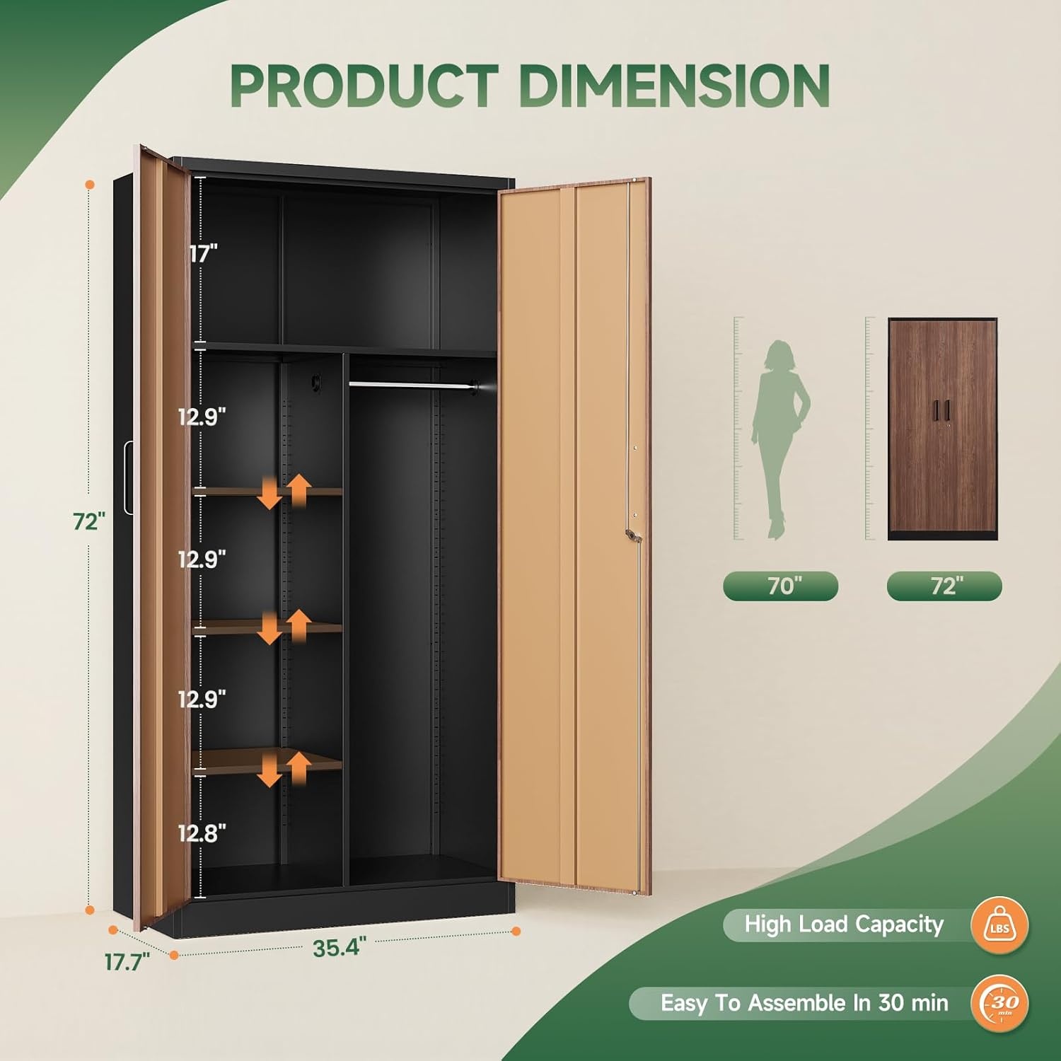 image:imageLetaya Metal Storage Cabinets Locker with Lock Door 72 Clothing Coat Steel Storage Freestanding Wardrobe for Office Home School EmployeeGymFire Department BlackGold