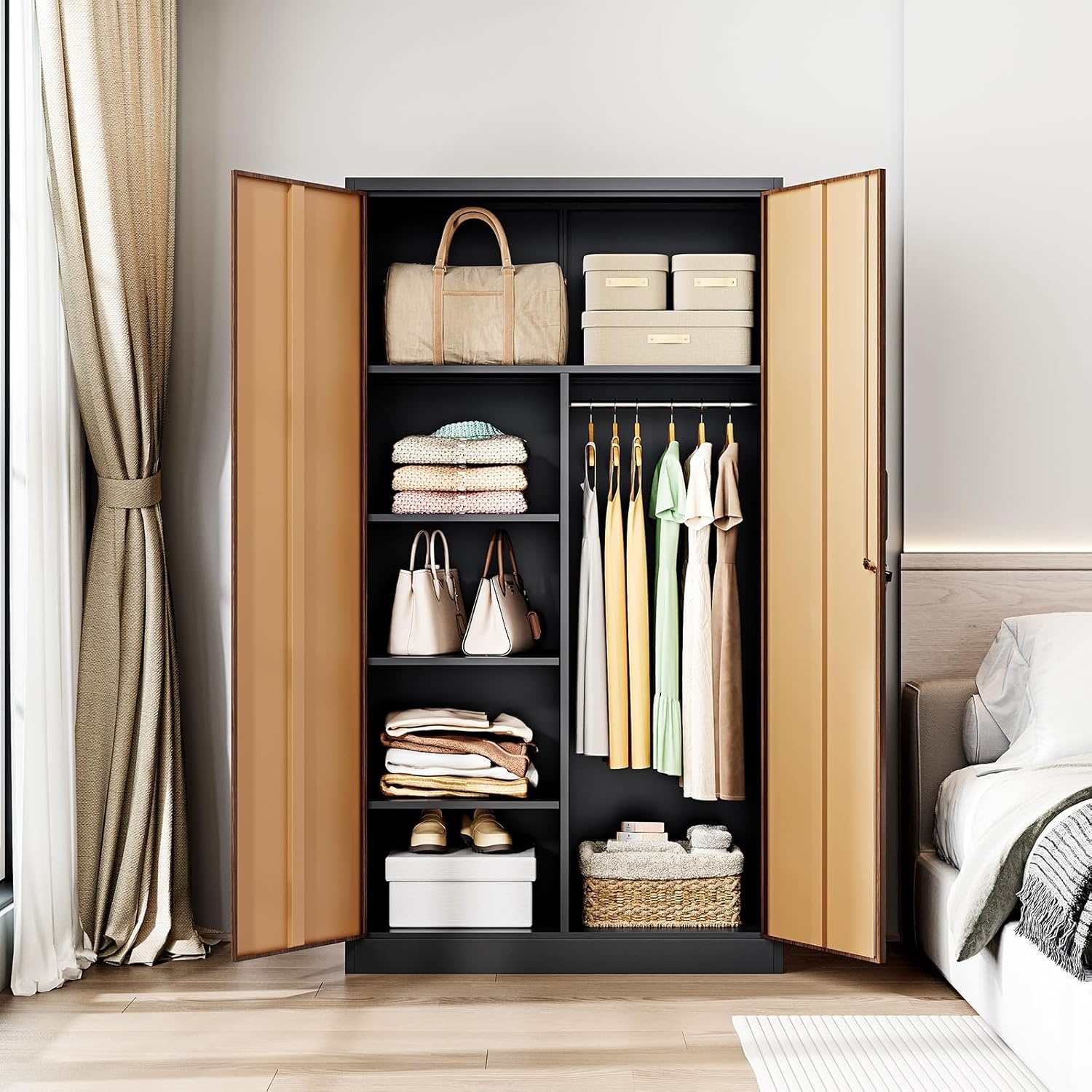 image:imageLetaya Metal Storage Cabinets Locker with Lock Door 72 Clothing Coat Steel Storage Freestanding Wardrobe for Office Home School EmployeeGymFire Department BlackGold