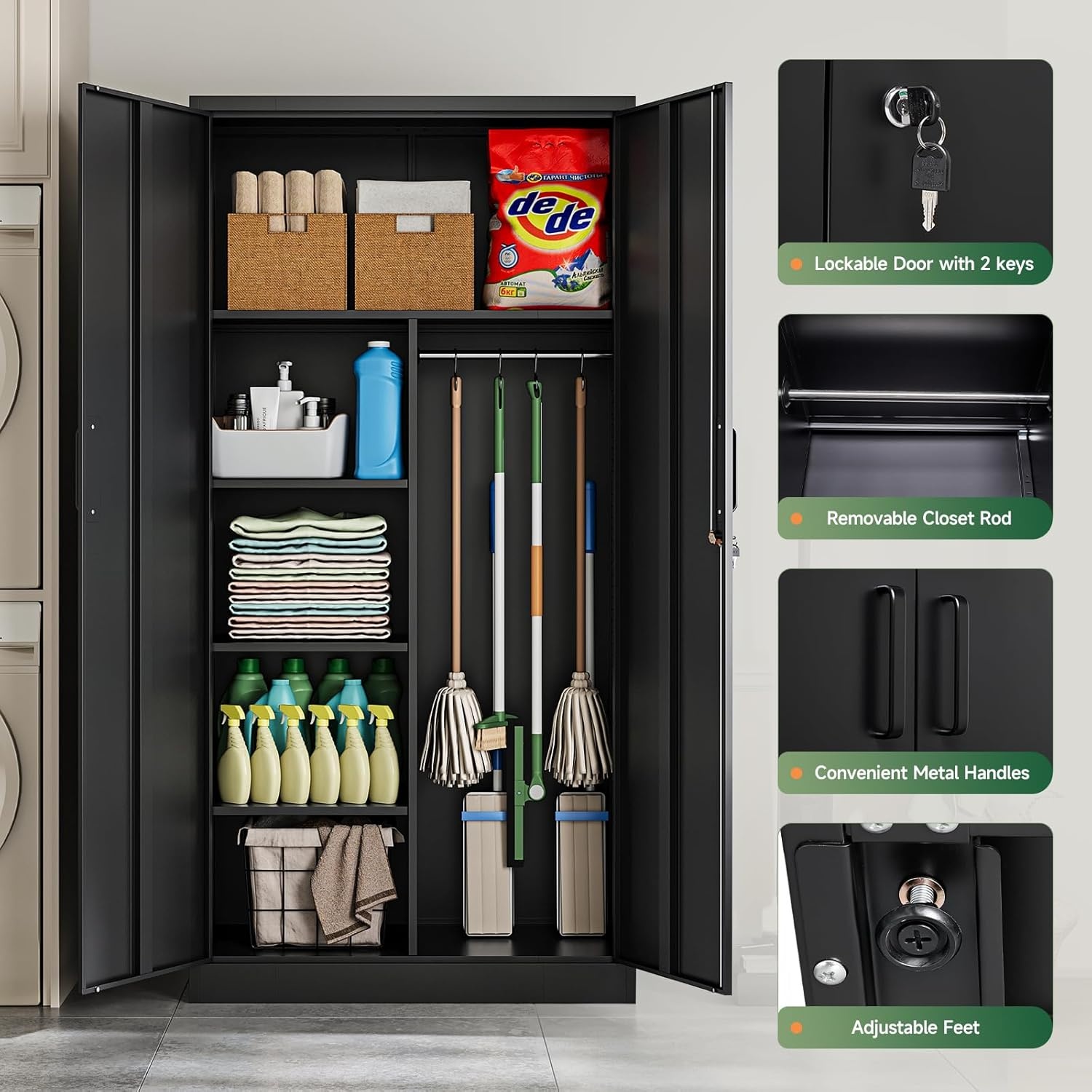 image:imageLetaya Metal Storage Cabinets Locker with Lock Door 72 Clothing Coat Steel Storage Freestanding Wardrobe for Office Home School EmployeeGymFire Department BlackBlack