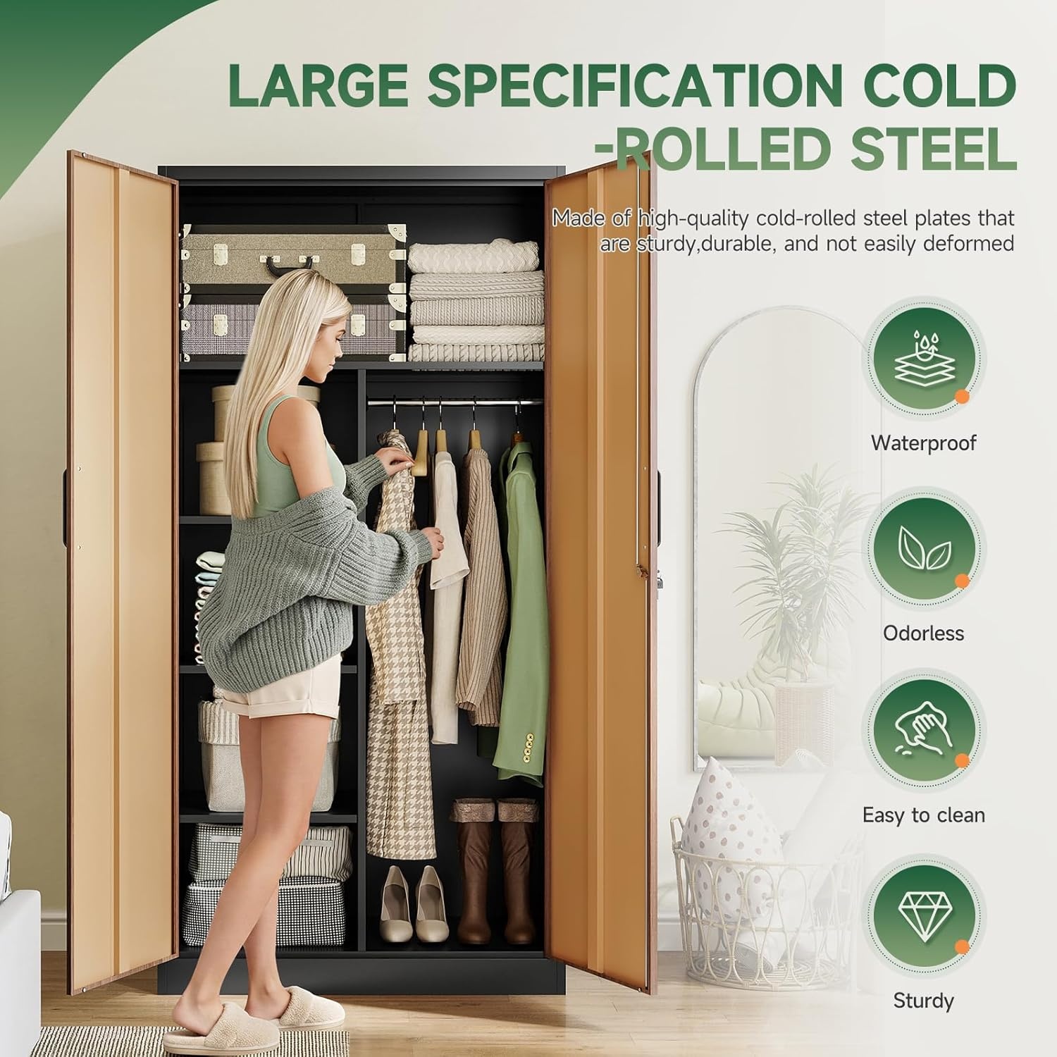 image:imageLetaya Metal Storage Cabinets Locker with Lock Door 72 Clothing Coat Steel Storage Freestanding Wardrobe for Office Home School EmployeeGymFire Department BlackGold