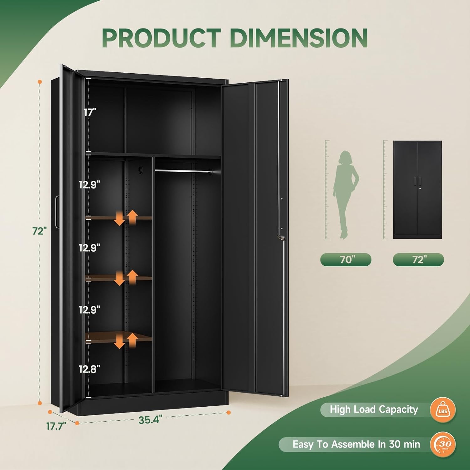 image:imageLetaya Metal Storage Cabinets Locker with Lock Door 72 Clothing Coat Steel Storage Freestanding Wardrobe for Office Home School EmployeeGymFire Department BlackBlack