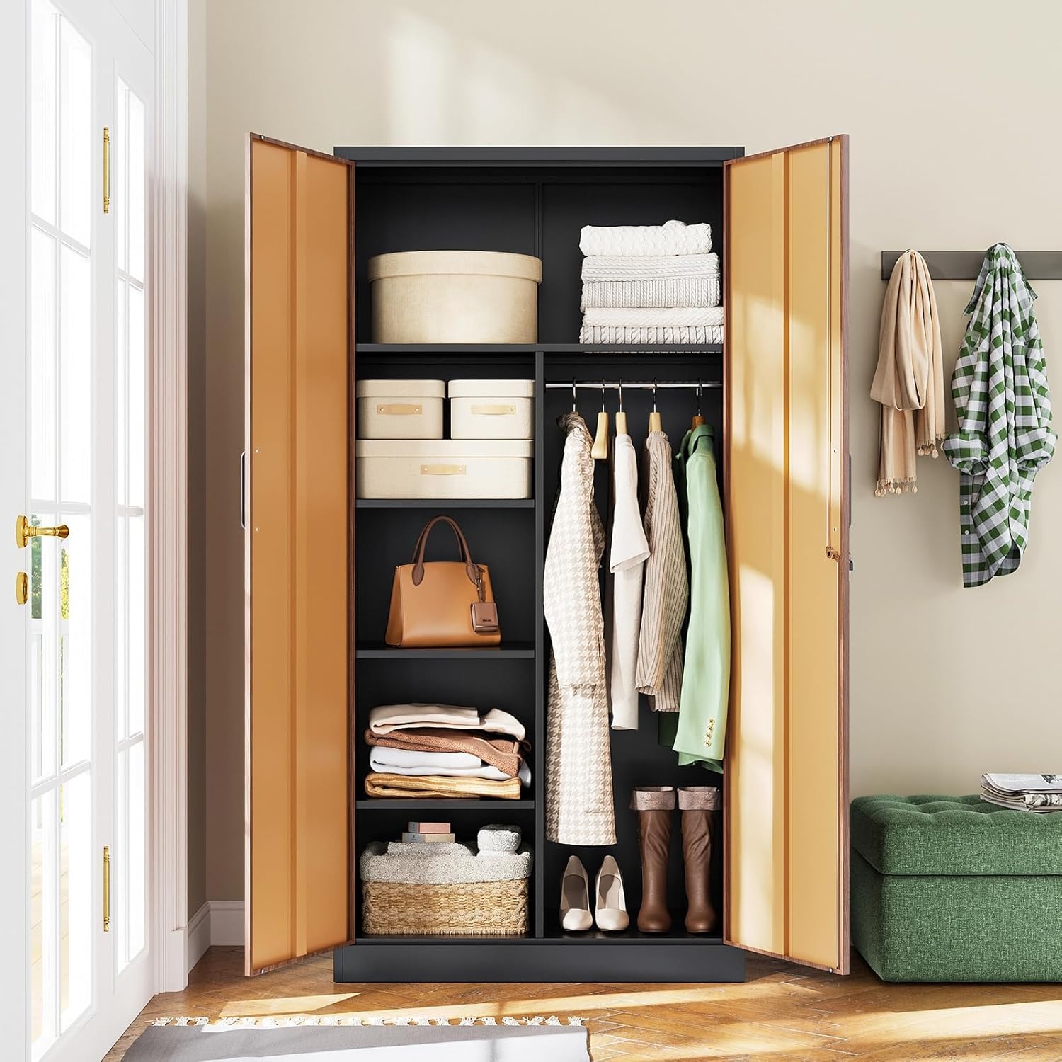 image:imageLetaya Metal Storage Cabinets Locker with Lock Door 72 Clothing Coat Steel Storage Freestanding Wardrobe for Office Home School EmployeeGymFire Department BlackGold
