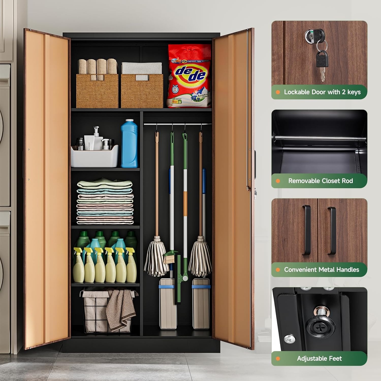 image:imageLetaya Metal Storage Cabinets Locker with Lock Door 72 Clothing Coat Steel Storage Freestanding Wardrobe for Office Home School EmployeeGymFire Department BlackGold