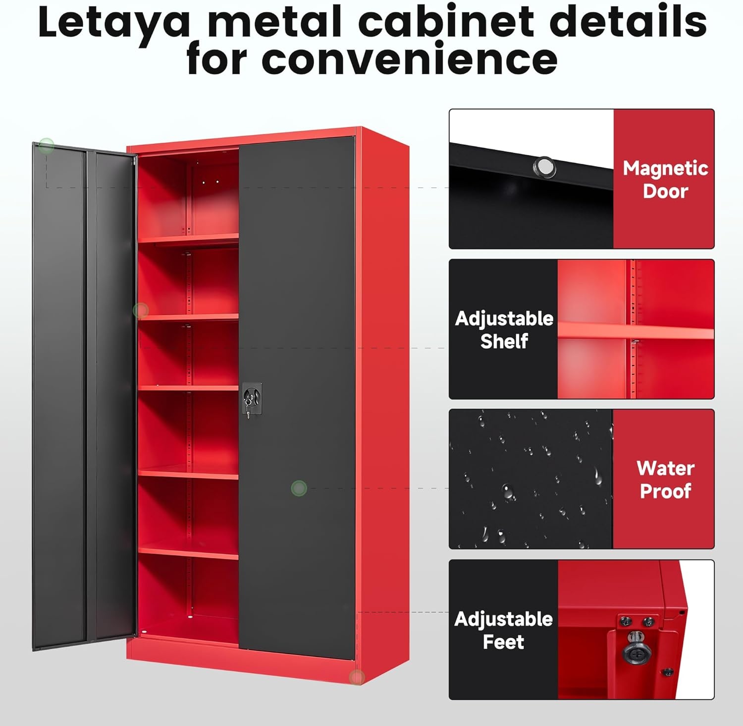 image:imageLetaya Metal Storage Cabinets with Lock Door2 Adjustable Shelves Organizer Steel Storage Cabinets for HomeOfficeWarehouseGarageEmployee LockersWhiteBlack Red