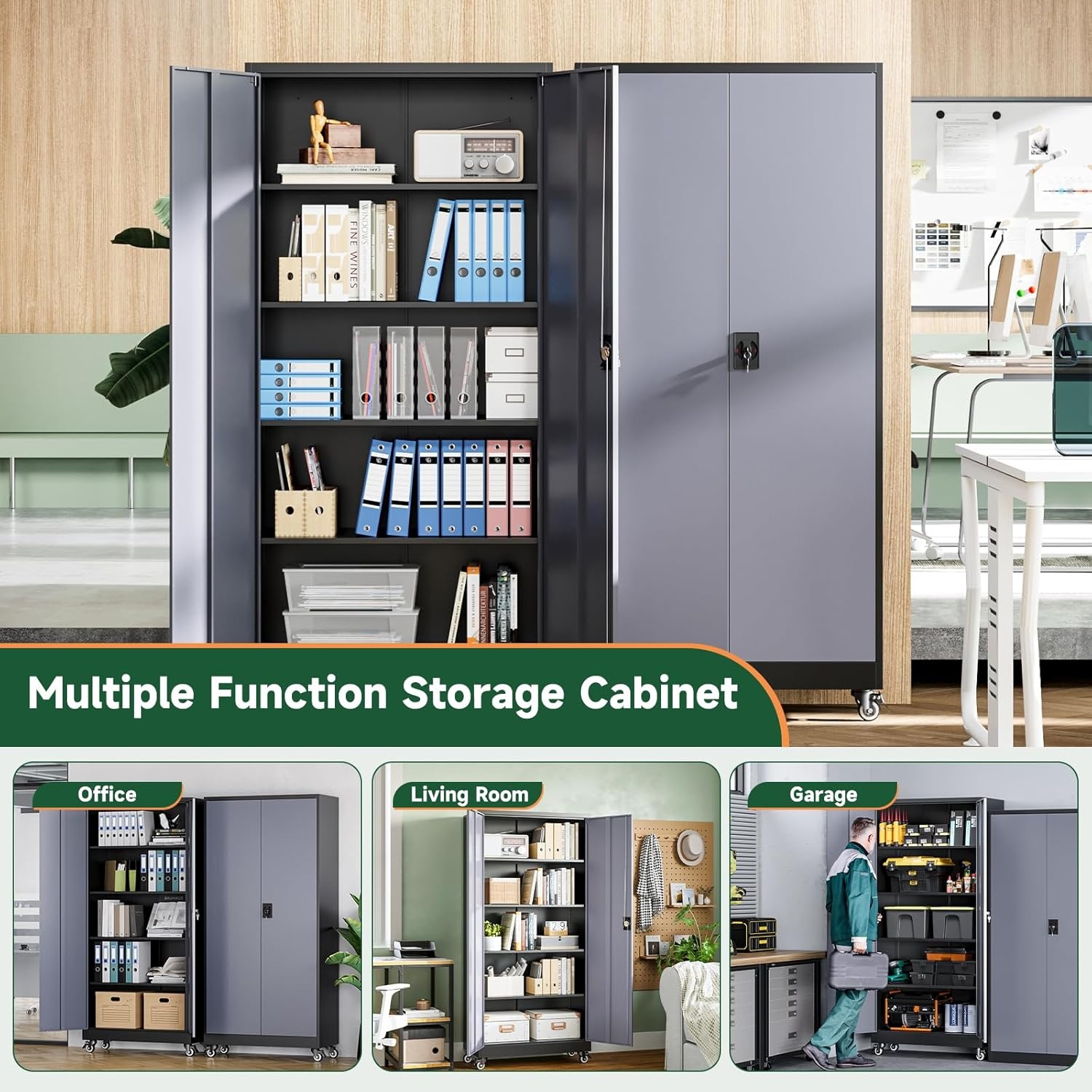 image:imageLetaya Metal Storage Cabinets with Lock Door2 Adjustable Shelves Organizer Steel Storage Cabinets for HomeOfficeWarehouseGarageEmployee LockersWhiteBlack Grey