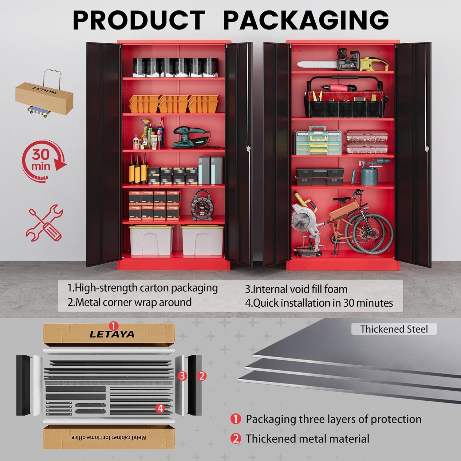 image:imageLetaya Metal Storage Cabinets with Lock Door2 Adjustable Shelves Organizer Steel Storage Cabinets for HomeOfficeWarehouseGarageEmployee LockersWhiteBlack Red