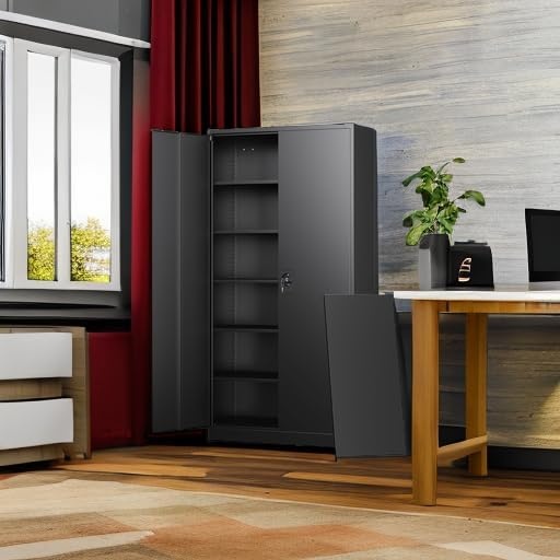 image:imageLetaya Metal Storage Cabinets with Lock Door2 Adjustable Shelves Organizer Steel Storage Cabinets for HomeOfficeWarehouseGarageEmployee LockersWhiteBlack