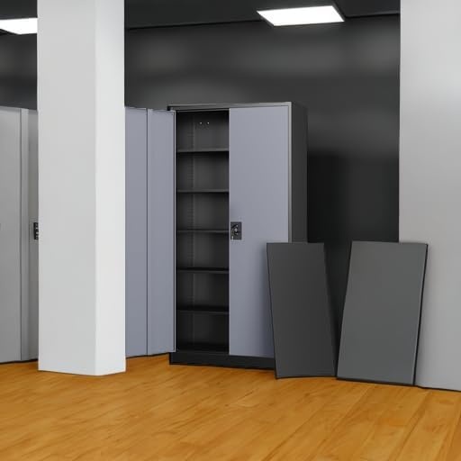 image:imageLetaya Metal Storage Cabinets with Lock Door2 Adjustable Shelves Organizer Steel Storage Cabinets for HomeOfficeWarehouseGarageEmployee LockersWhiteBlack Grey