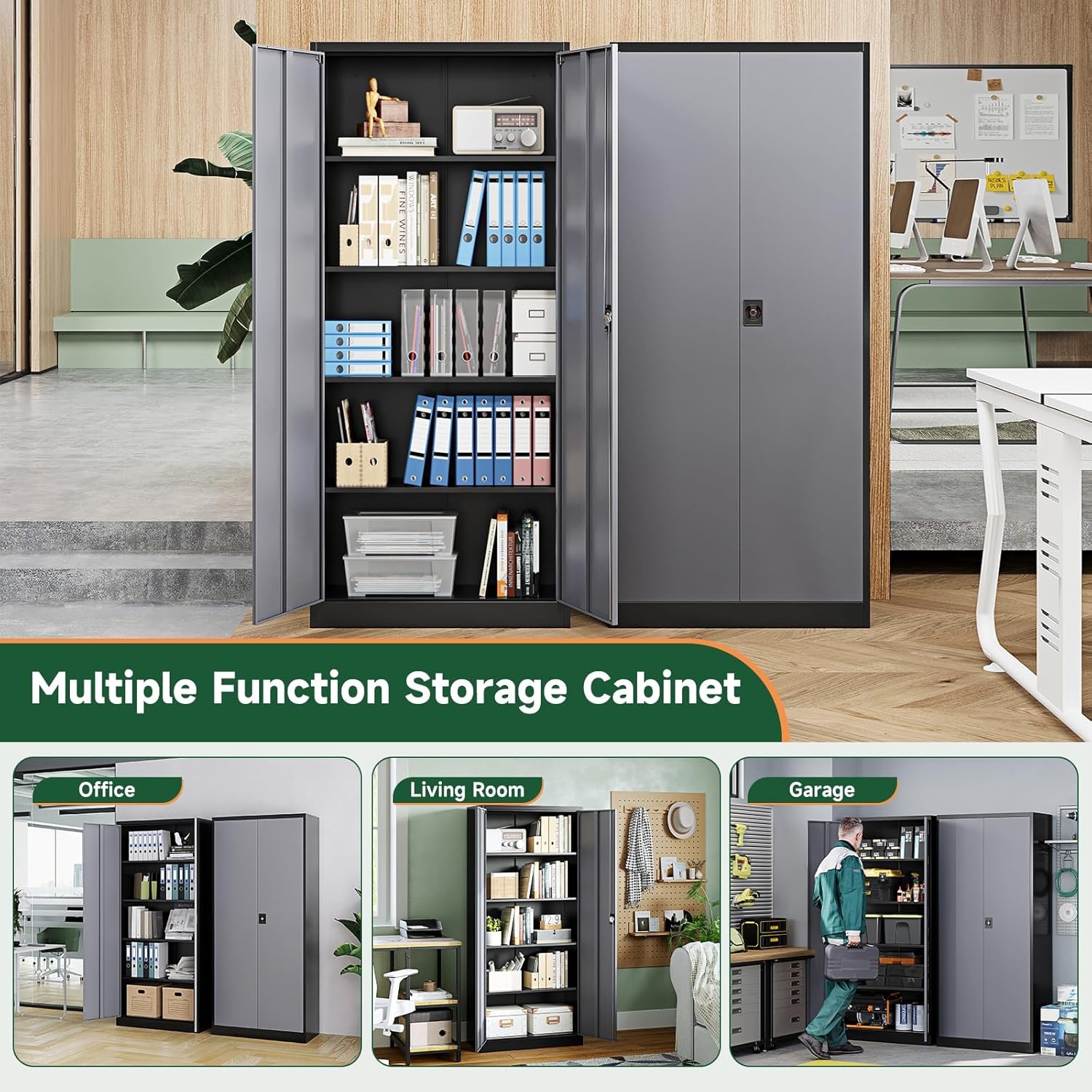 image:imageLetaya Metal Storage Cabinets with Lock Door2 Adjustable Shelves Organizer Steel Storage Cabinets for HomeOfficeWarehouseGarageEmployee LockersWhiteBlack Grey