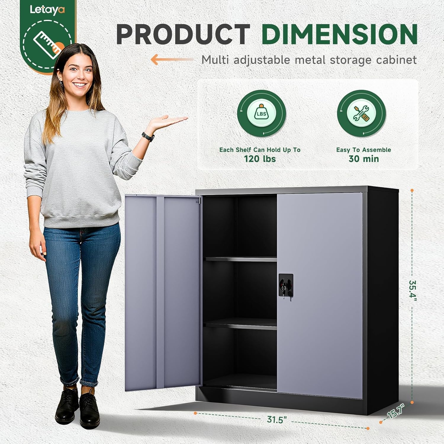 image:imageLetaya Metal Storage Cabinets with Lock Door2 Adjustable Shelves Organizer Steel Storage Cabinets for HomeOfficeWarehouseGarageEmployee LockersWhiteBlack Grey