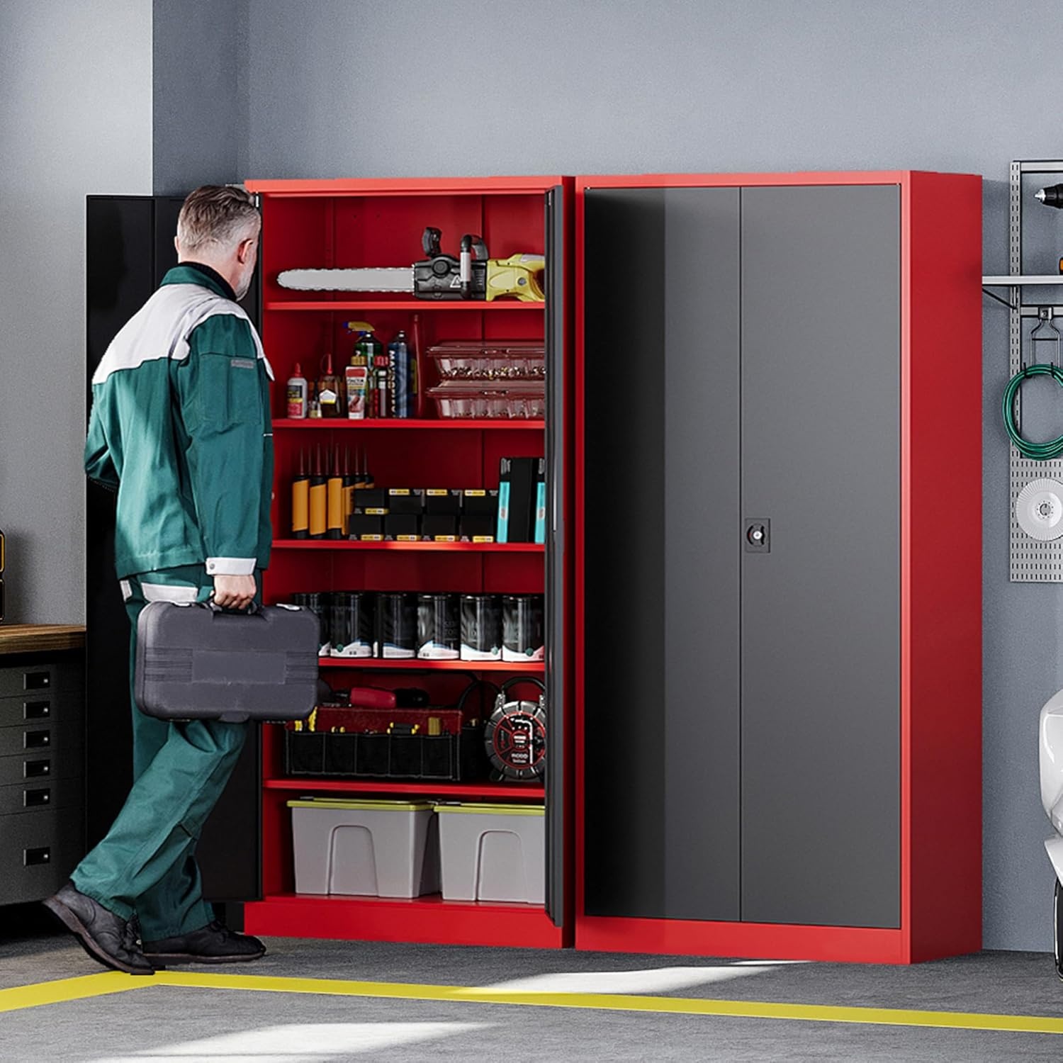 image:imageLetaya Metal Storage Cabinets with Lock Door2 Adjustable Shelves Organizer Steel Storage Cabinets for HomeOfficeWarehouseGarageEmployee LockersWhiteBlack Red
