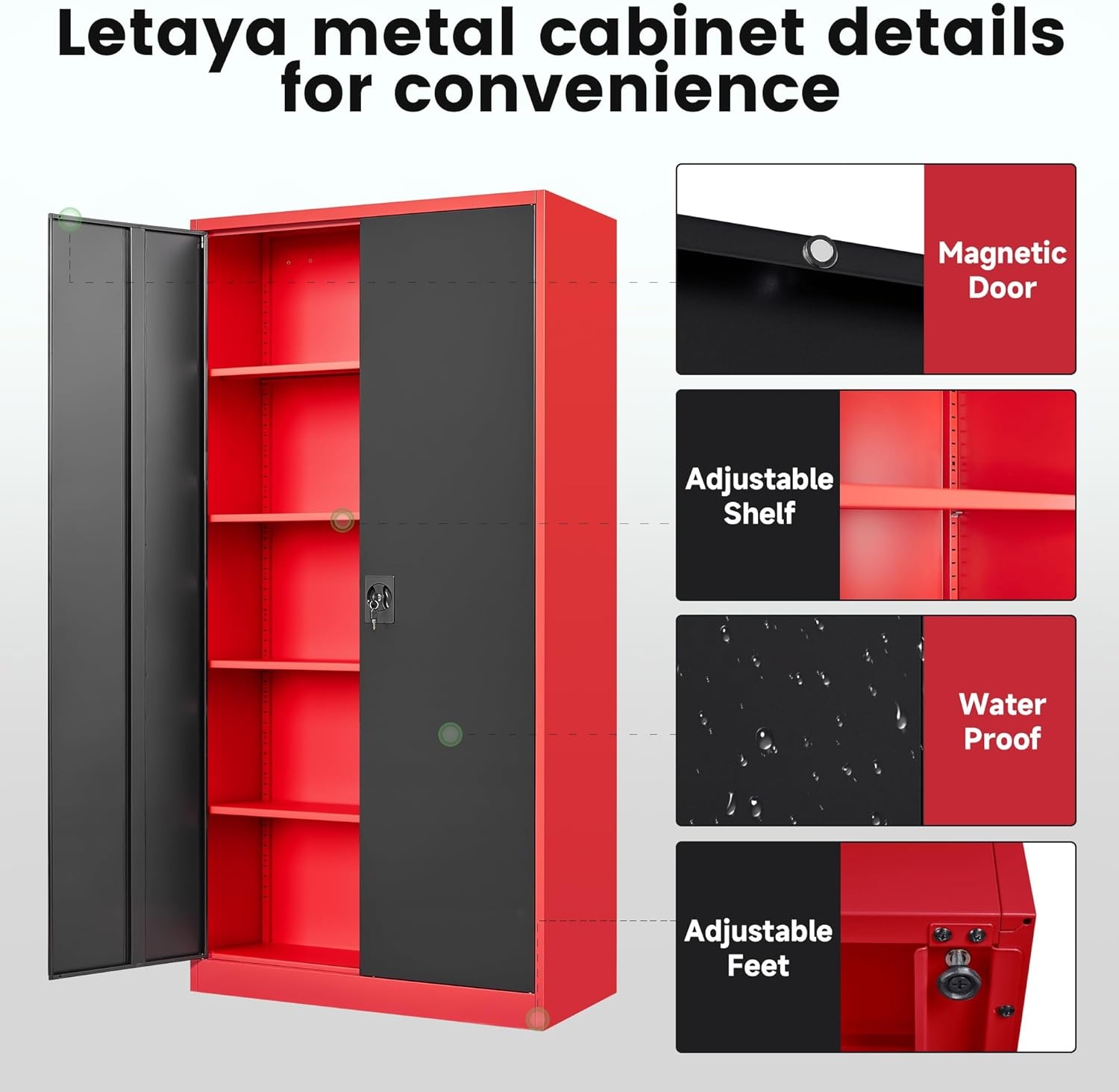 image:imageLetaya Metal Storage Cabinets with Lock Door2 Adjustable Shelves Organizer Steel Storage Cabinets for HomeOfficeWarehouseGarageEmployee LockersWhiteBlack Red