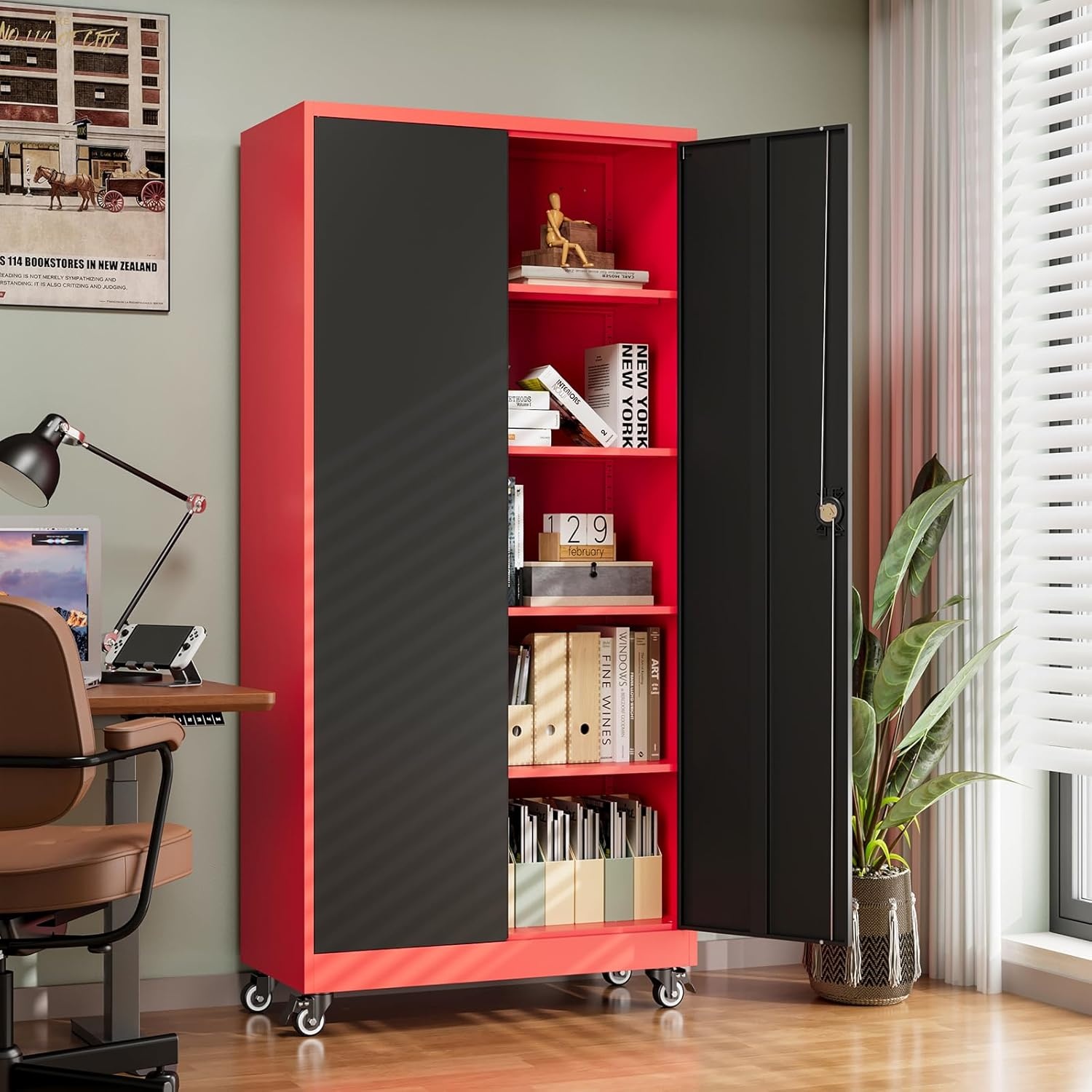 image:imageLetaya Metal Storage Cabinets with Lock Door2 Adjustable Shelves Organizer Steel Storage Cabinets for HomeOfficeWarehouseGarageEmployee LockersWhiteBlack Red