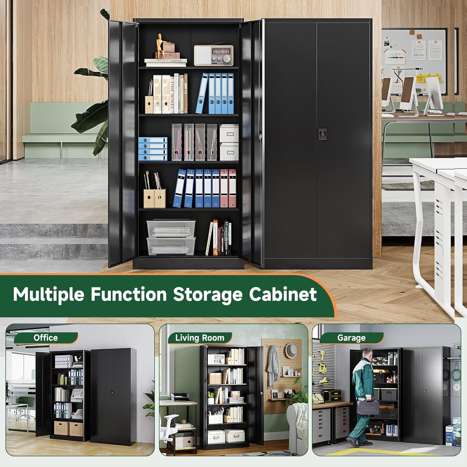 image:imageLetaya Metal Storage Cabinets with Lock Door2 Adjustable Shelves Organizer Steel Storage Cabinets for HomeOfficeWarehouseGarageEmployee LockersWhiteBlack