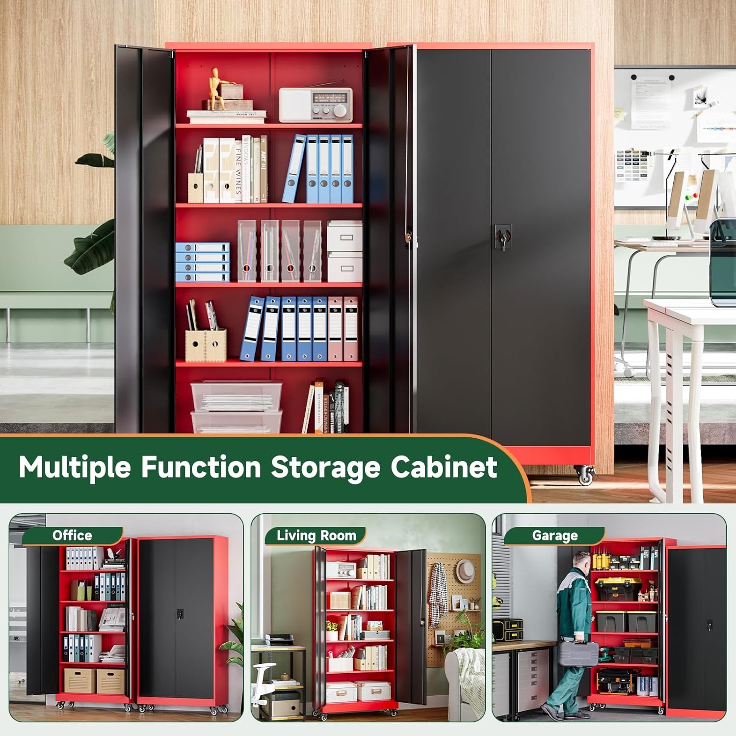 image:imageLetaya Metal Storage Cabinets with Lock Door2 Adjustable Shelves Organizer Steel Storage Cabinets for HomeOfficeWarehouseGarageEmployee LockersWhiteBlack Red
