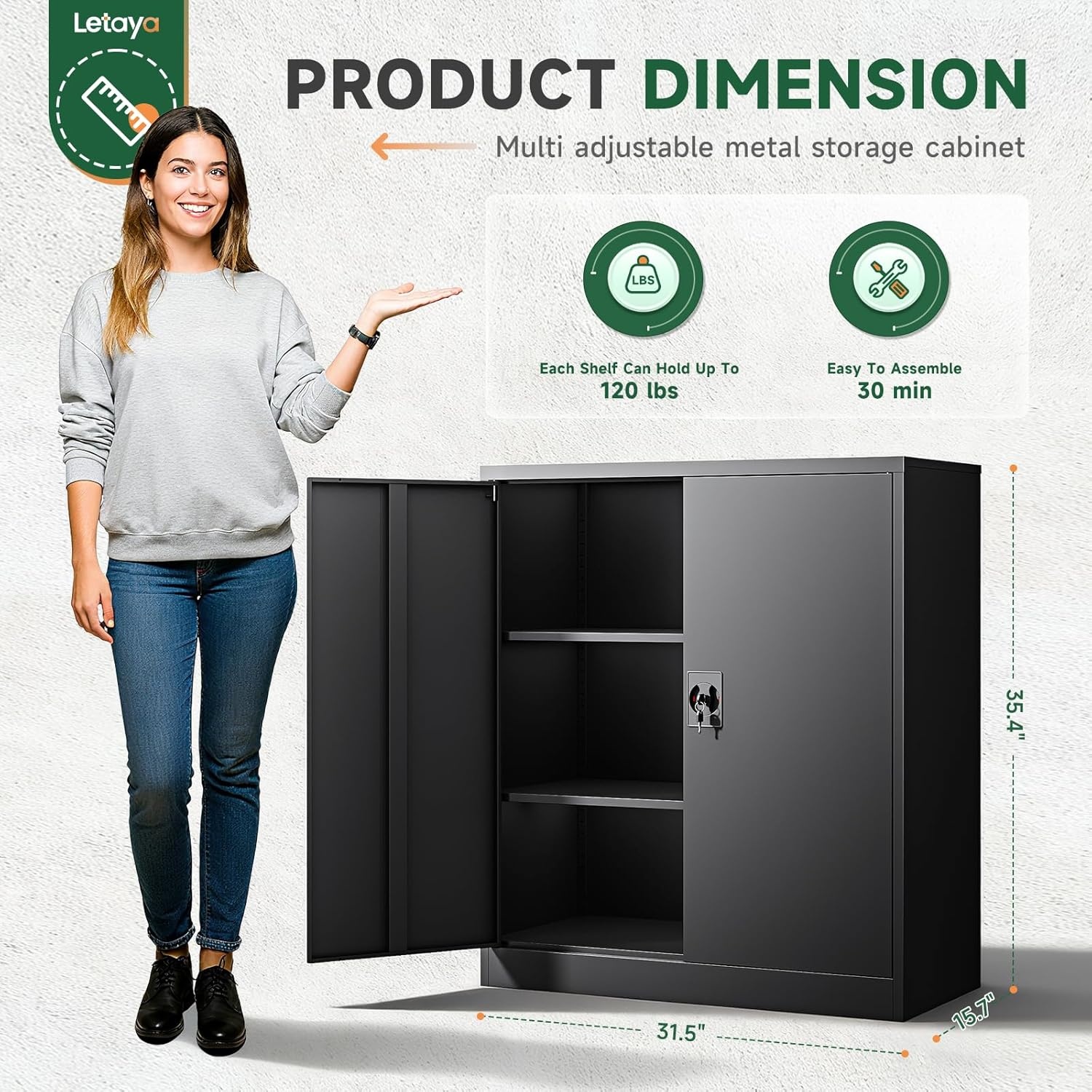image:imageLetaya Metal Storage Cabinets with Lock Door2 Adjustable Shelves Organizer Steel Storage Cabinets for HomeOfficeWarehouseGarageEmployee LockersWhiteBlack